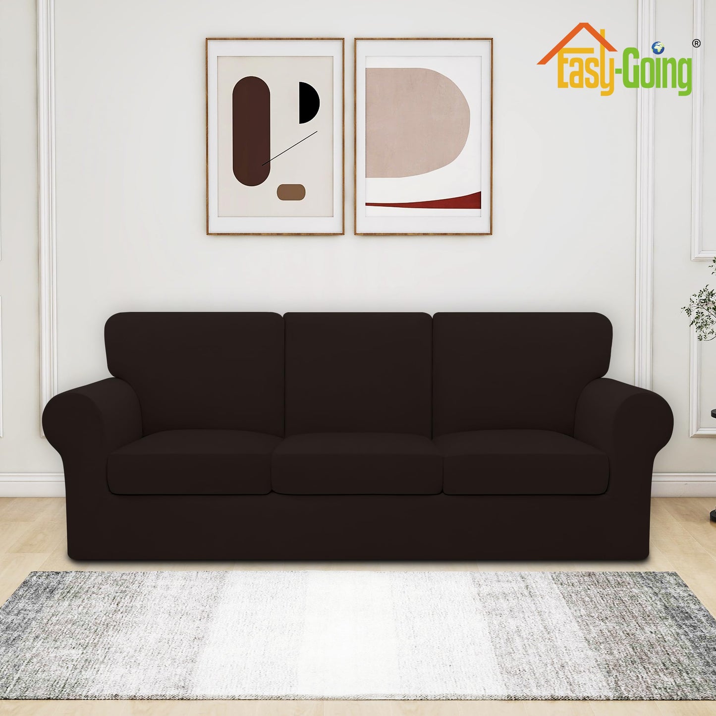 Easy-Going 7 Pieces Stretch Couch Cover Washable Sofa Cover Set for 3 Backrest and Seat Cushion Couch Anti-Slip Sofa Slipcover Furniture Protector with Elastic Bottom (Large, Chocolate)