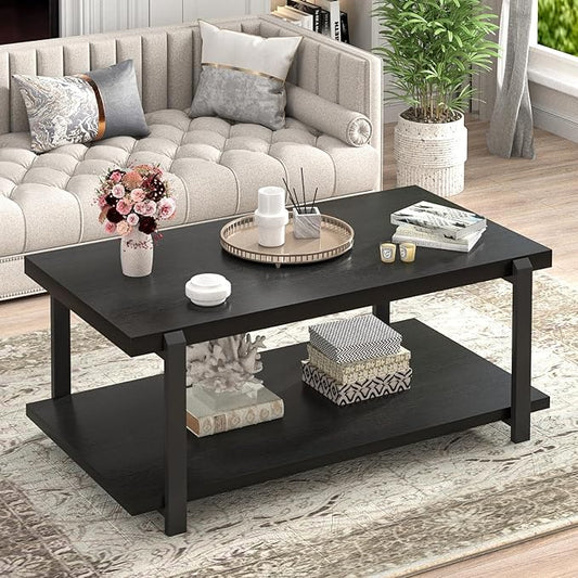 FOLUBAN Black Coffee Table, Modern Rustic Wood Center Table