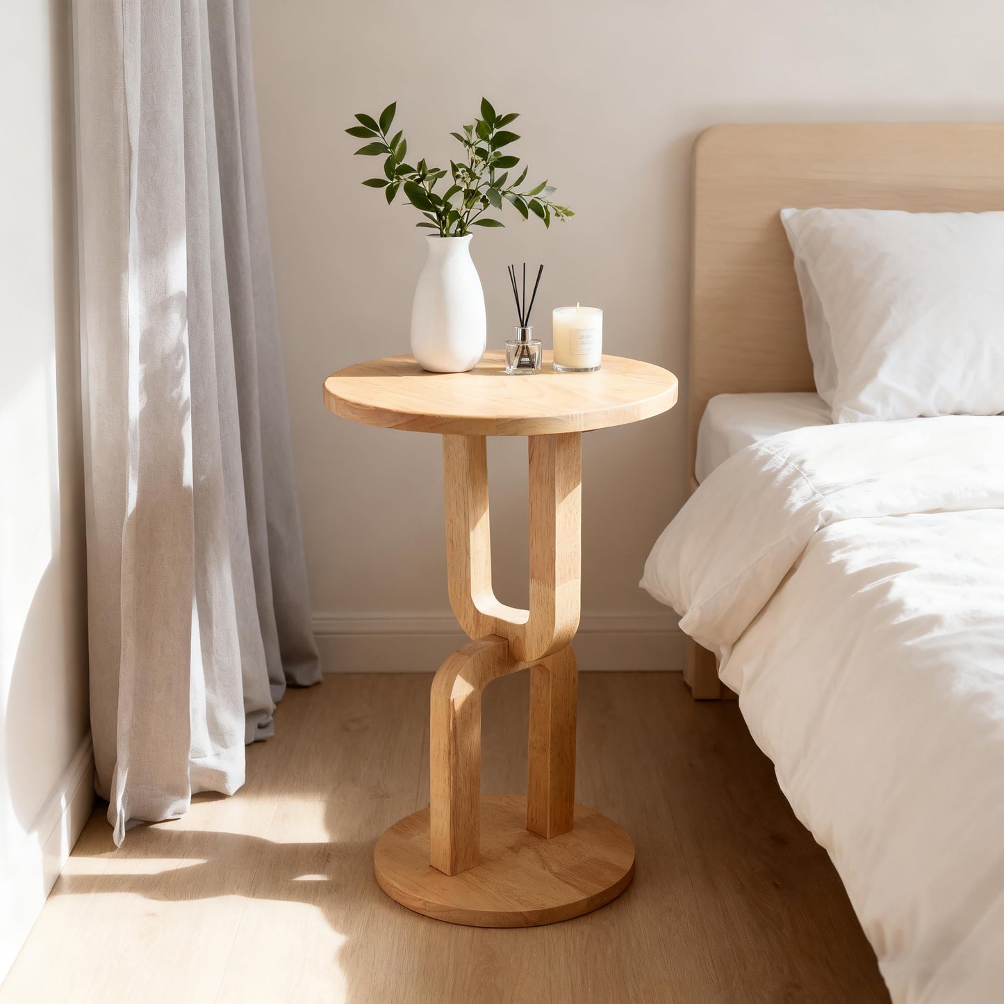 COVLON Solid Wood Small Round Side Table, Modern Accent End Table, Bedside Nightstand with U-Shaped Base for Living Room, Bedroom, Apartment and Small Spaces