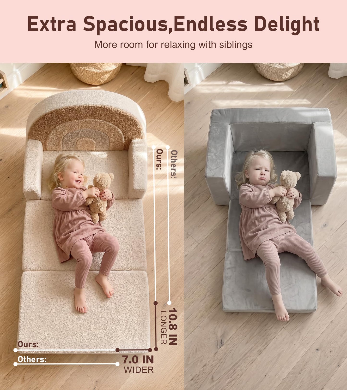 little dove Extra Wide Soft Kids Couch Fold Out, 2-in-1 Kids Couch, Convertible Kid Sofa, Kid Furniture for Playroom, Ideal Gifts for Boys & Girls Ages 3+, Beige