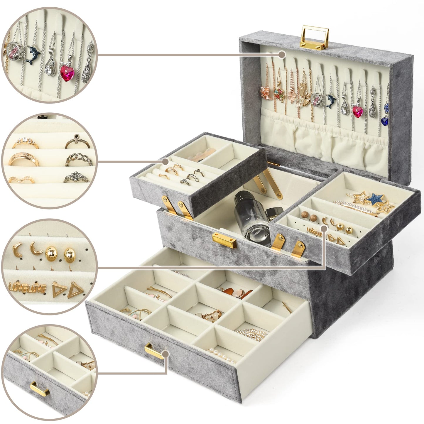 Dajasan Jewelry Organizer Box, Large Velvet Jewelry Boxes for Women Girls, Space-Saving 3 Layers Jewelry Storage Case with Drawer, Movable Metal Stand, Modern, Gift Idea (Grey)