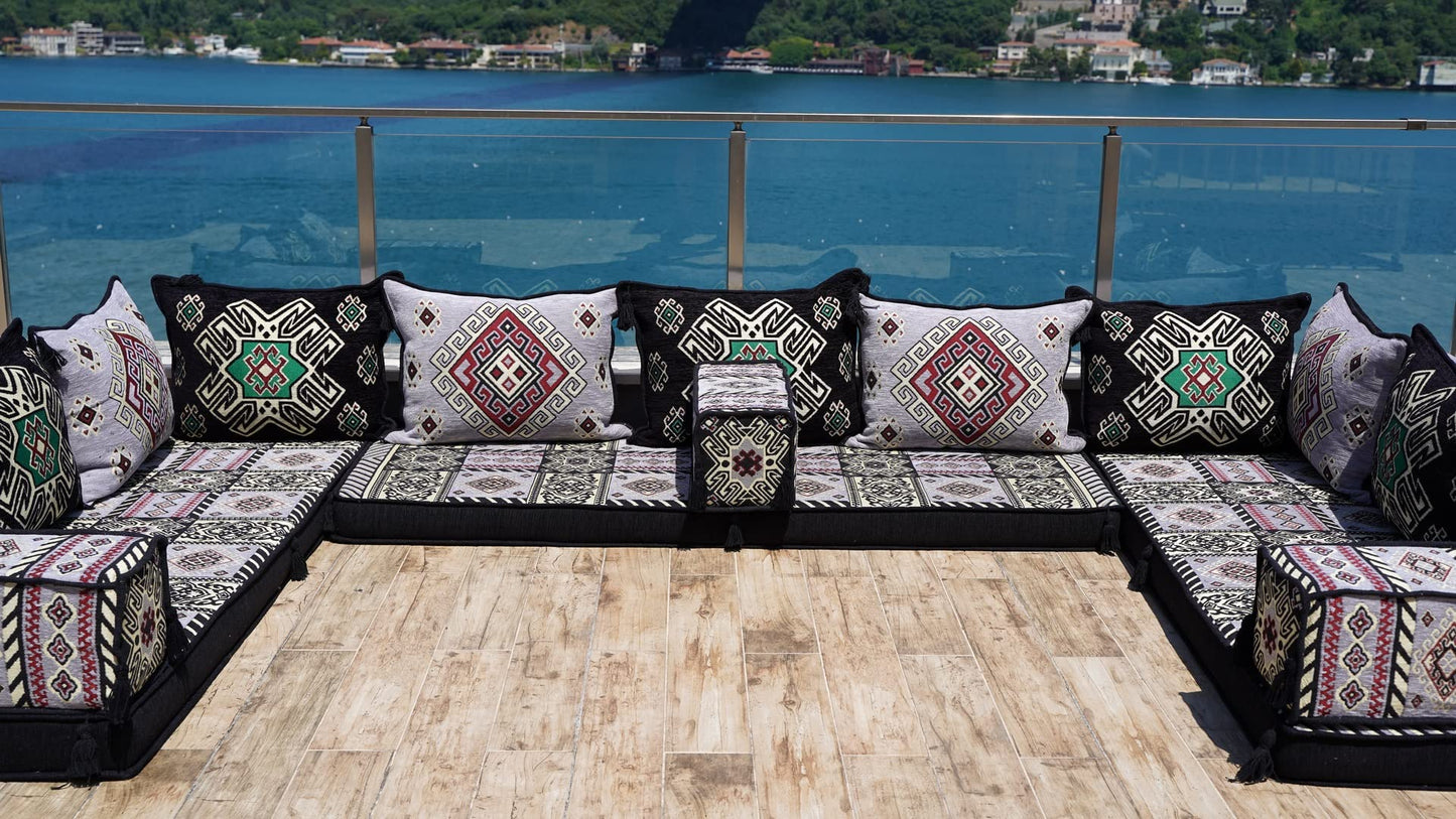 arabicsofa Handmade Gray U Shaped Arabic Sofa Set – Traditional Floor Seating – Oriental Boho Style Cushions