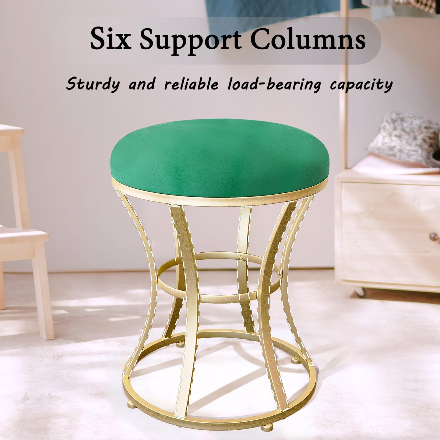 Ellensamqi Velvet Soft Modern Vanity Footstool -Round Footrest Stool Ottoman Seat Dressing with Golden Metal Leg and Sponge Filling,Upholstered Foot Rest, for Living Room and Bedroom Green