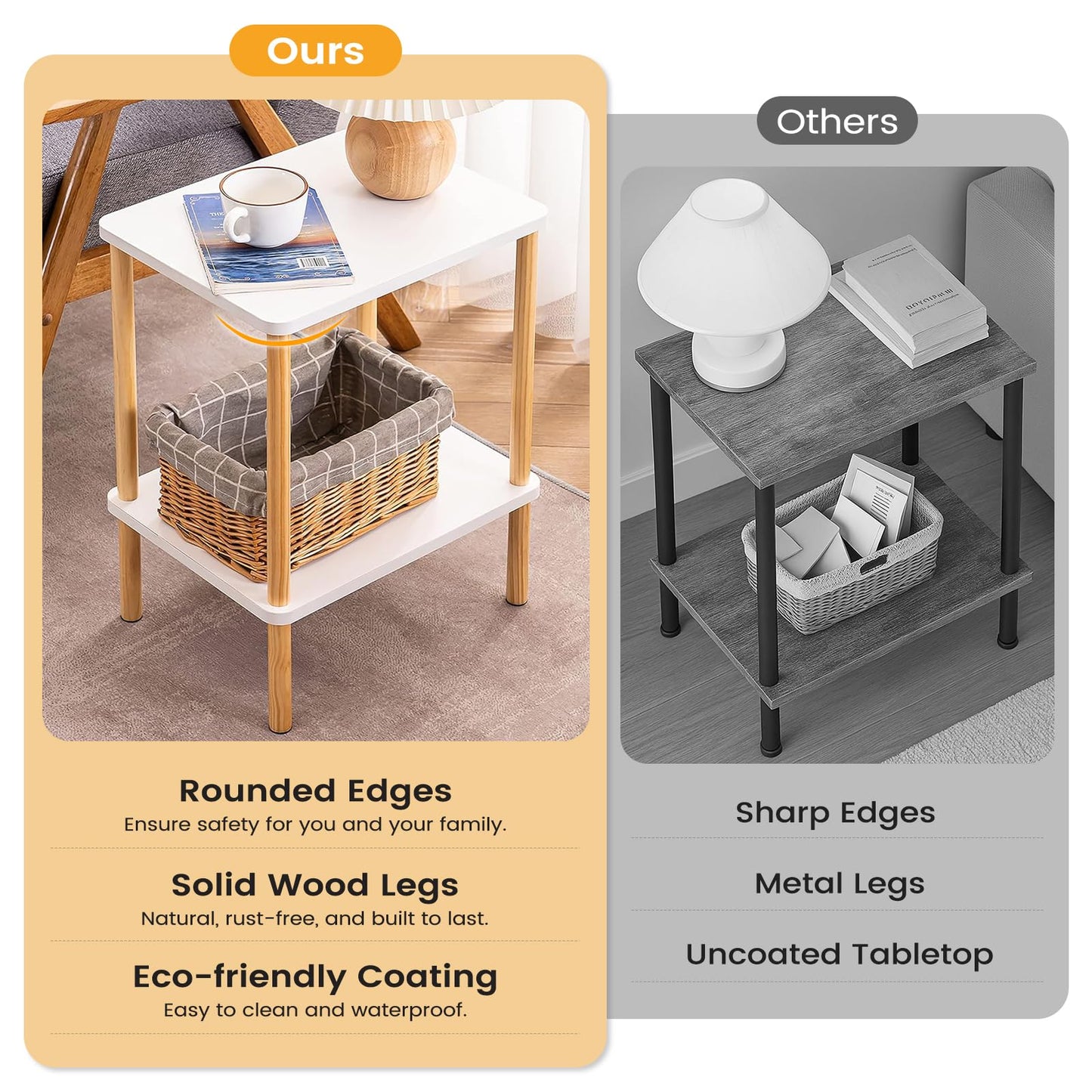 Apicizon 2 Tier End Table, Small Side Table with Solid Wood Legs, Boho Bedside Table with Storage Shelf, Nightstand for Small Spaces, Bedroom, Living Room, Entryway, Easy Assembly, White+Natural