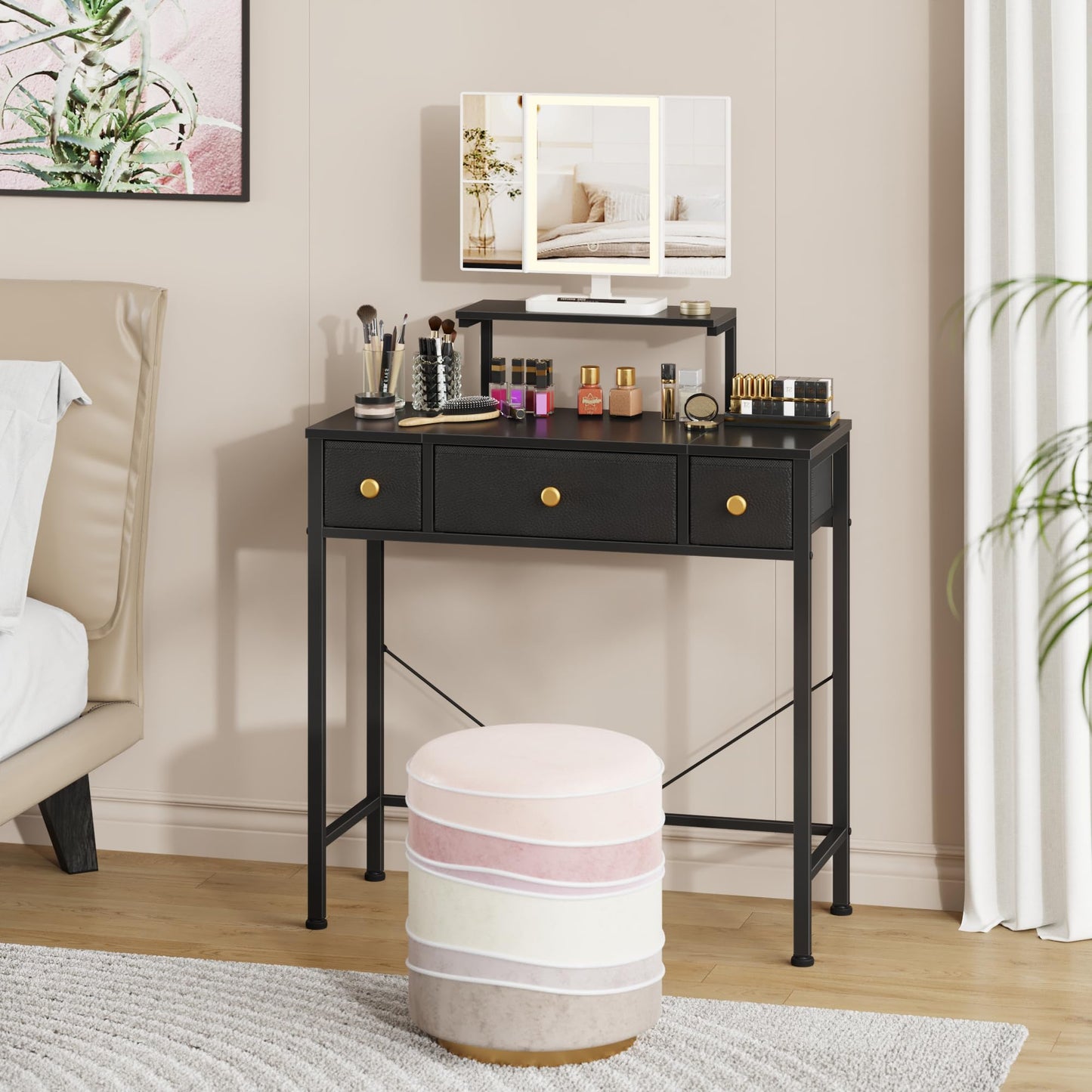 HIGDBFE Small Makeup Vanity Desk 27.5''W with Mirror and Lights, Vanity Desk with 3 Fabric Drawers and Height-Adjustable Stand, Vanity Table for Girls Gifts, Bedroom and Small Spaces, Black
