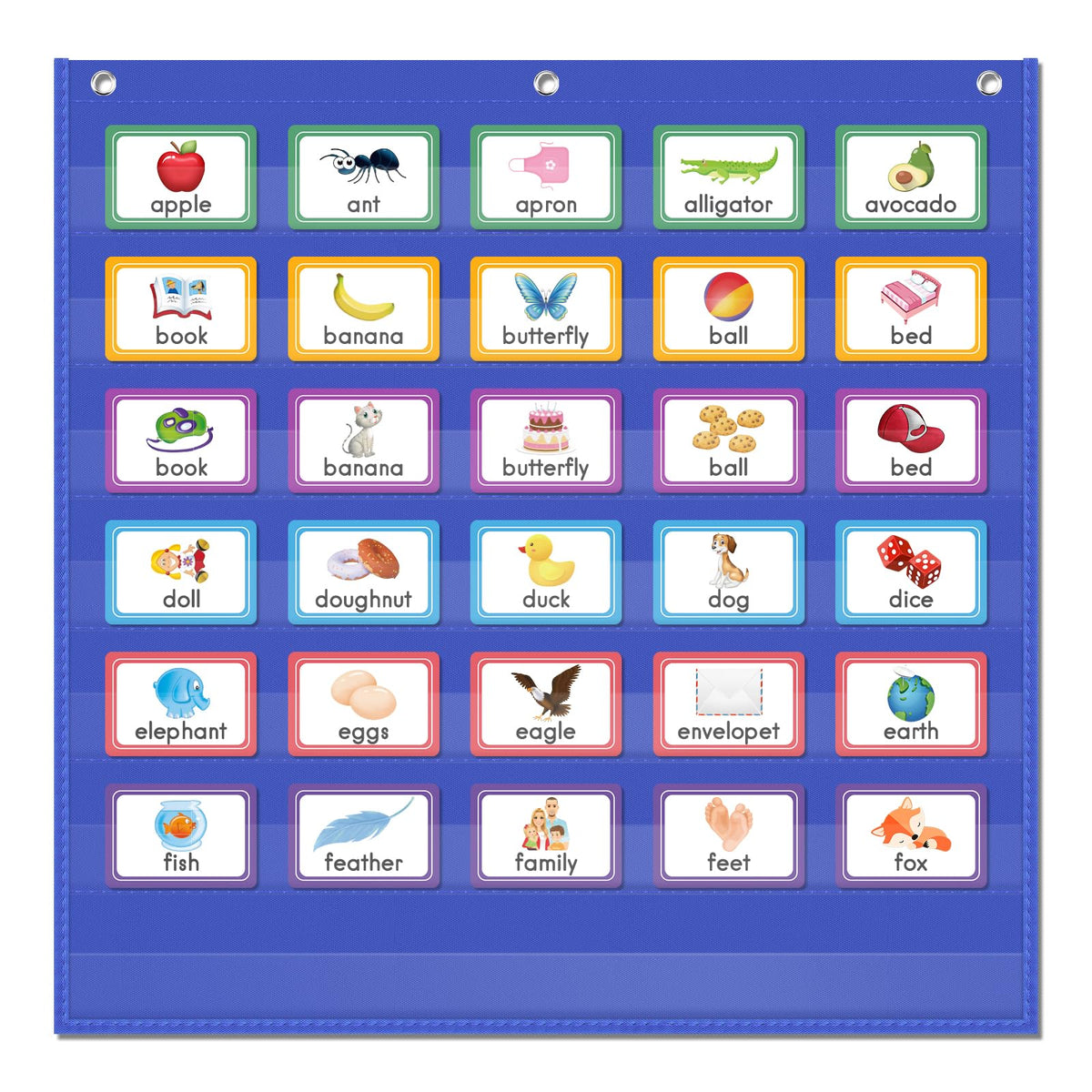AUVCAS Standard Pocket Chart Clear 7 for Classroom & Home Heavy Duty Hanging Pocket Chart for Word Wall/Letter Cards/Sentence Strips 28Wx28L,Blue