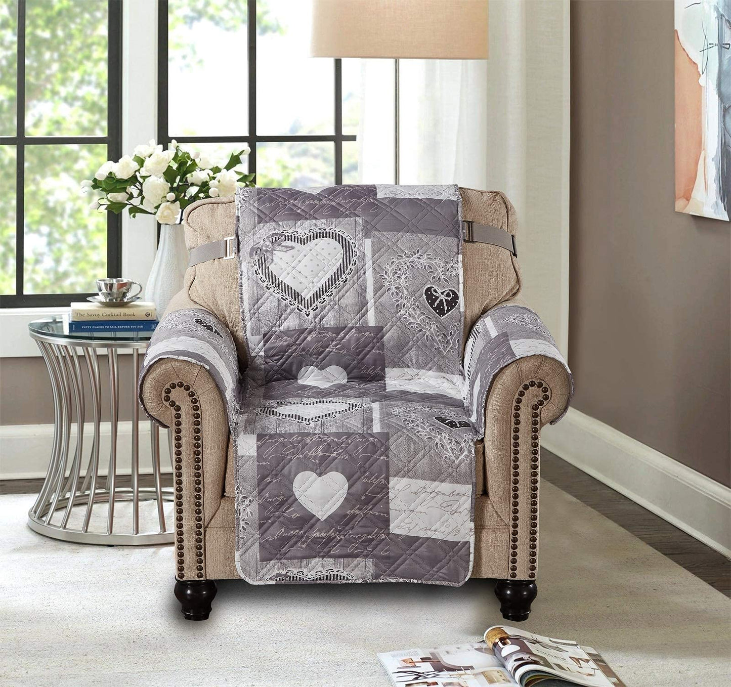 Brilliant Sunshine Grey Heart Love Patchwork Quilted Chair Slipcover, 23" Seat Width, Slip Resistant Furniture Protector, 2" Strap, Washable Armchair Cover for Pets, Kids, Dogs, Cats, Grey