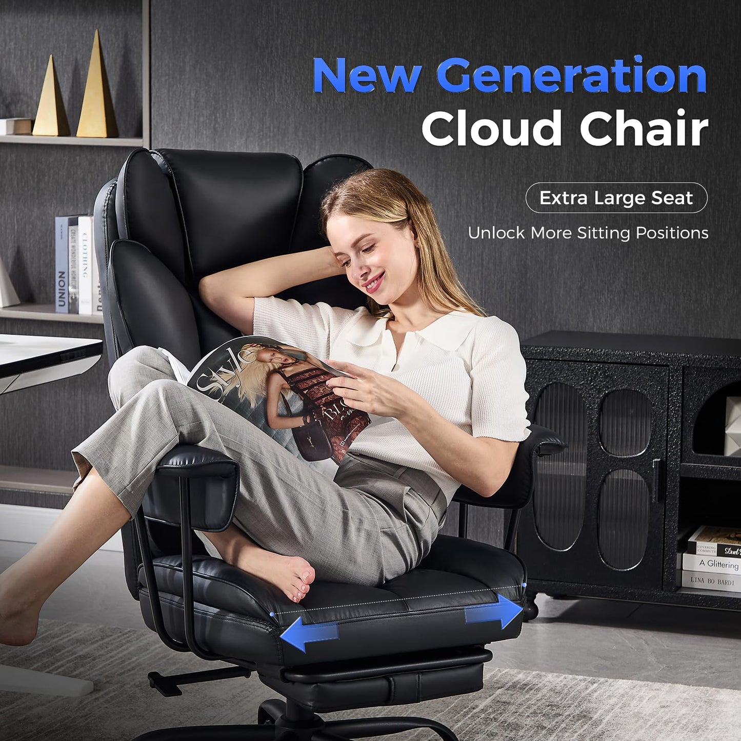 LukkDys Big and Tall Office Chair,High Back Leather Gaming Chair with Footrest,Lumbar Support,Outward Fixed Soft Armrests,Wide Ergonomic Desk Chair (Black)