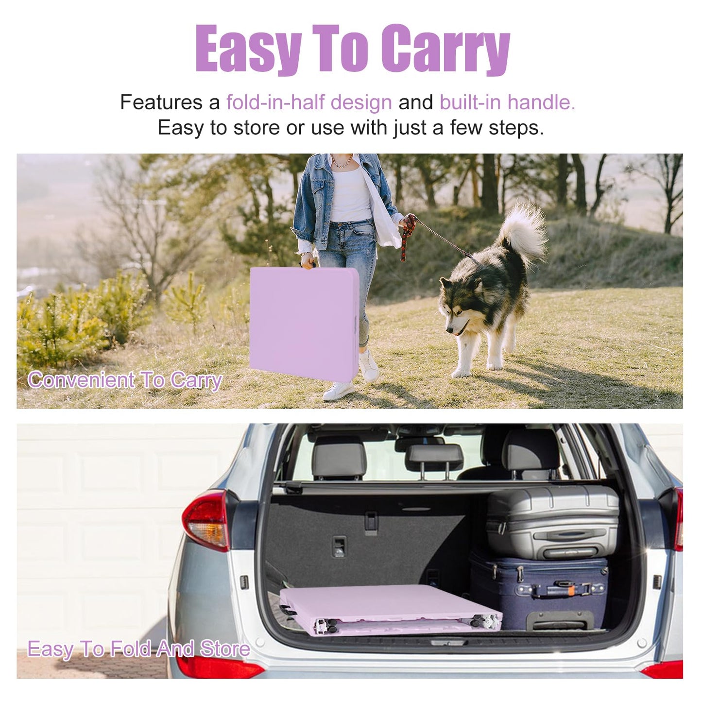 SculPong 4 FT Folding Table with Carry Handle, Portable Fold-in-Half Plastic Table, Rectangle Foldable Table for Indoor/Outdoor Light Purple