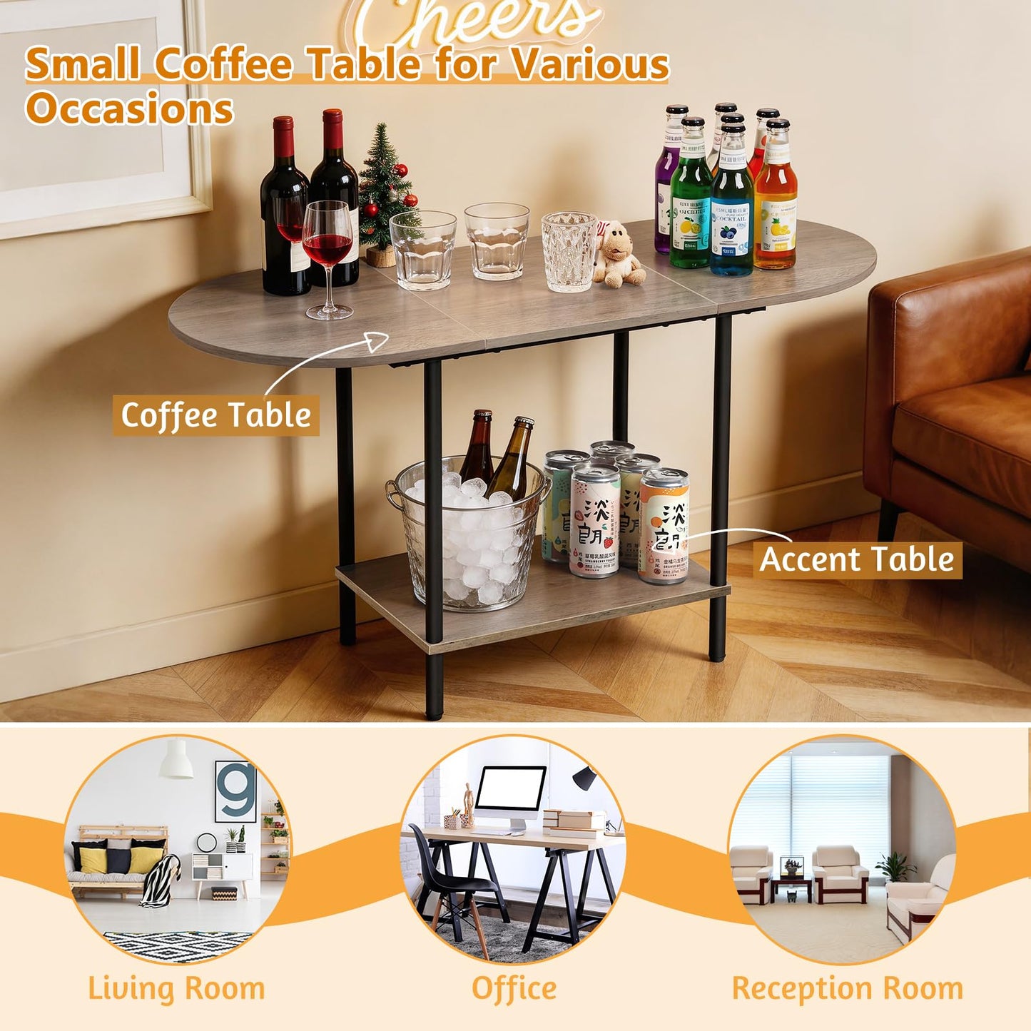 Small Coffee Table,35.4'' Oval Coffee Table with Storage Shelf & Metal Frame,Low Cocktail Tea Accent Table for Apartment,Modern Mid Century Small Living Room Table,Rustic Grey