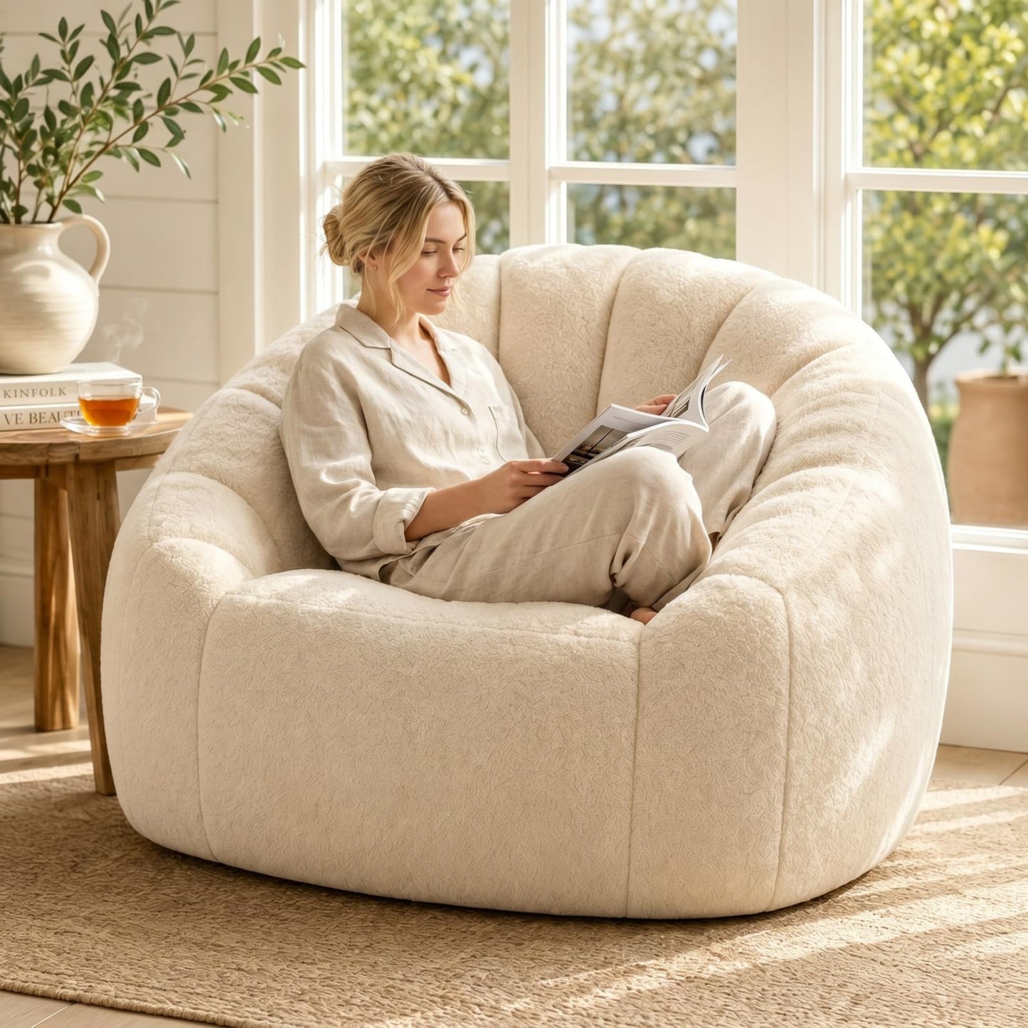 Giant Bean Bag Chair, Oversized Bean Bag Couch with Armrests for Adults, Cozy Faux Fur Shell-Shaped Lazy Sofa with High-Density Foam, Soft Comfy Floor Lounger Chair for Reading & Gaming, Beige
