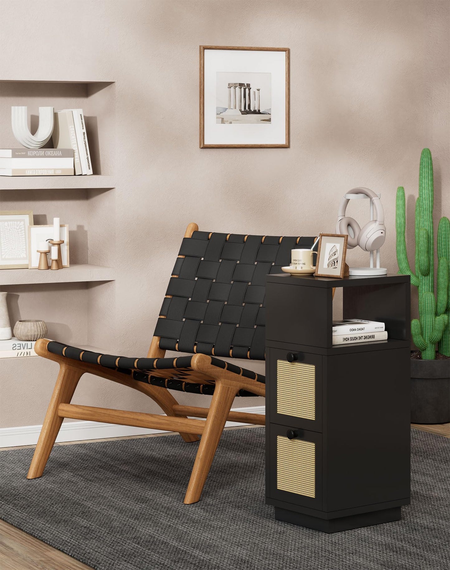 YMYNY Rattan Nightstands Set of 2, Boho Bedside Table with Open Shelf, 2 Drawers, 9.45" x 11.42" x 25.59", Narrow Side Table, Bedside Cabinet for Bedroom and Small Spaces, Black UHST017B-2