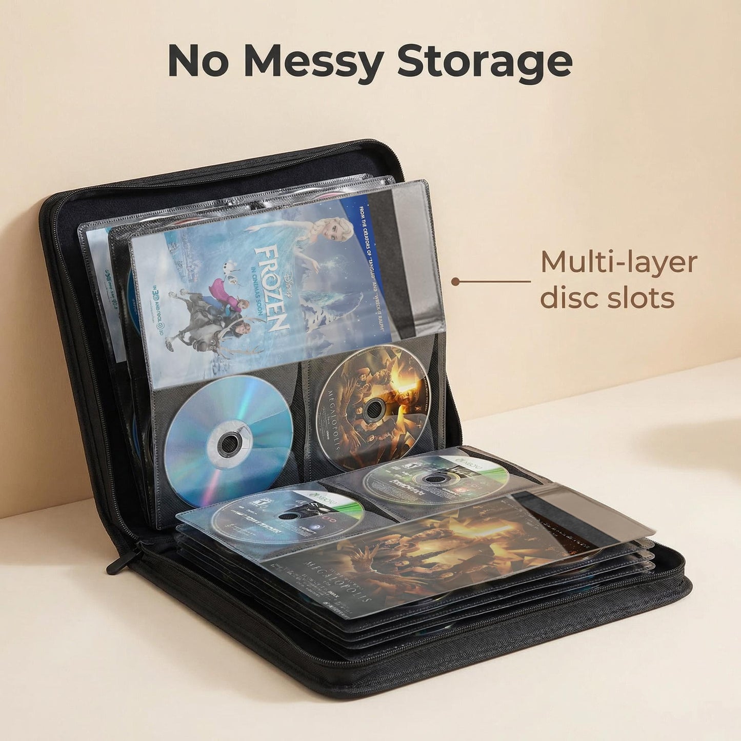 Salajory CD DVD Bluray Storage Binder with Handles - Holds 136 Discs & 68 Booklet Pockets, PU Leather Cover for Blu-ray Movies, Music CDs, Audio Disks, Portable Media Organizer