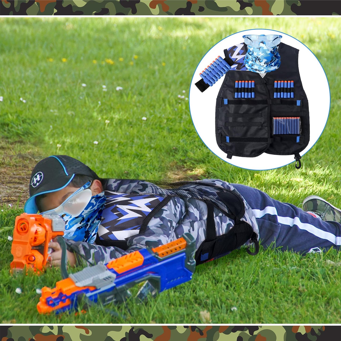 Sosation 8 Sets Kids Tactical Vest Compatible with Nerf Party Favor Accessories, Face Mask Wrist Ammo Holder Toy Gift Supplies Boys (Orange and Blue)