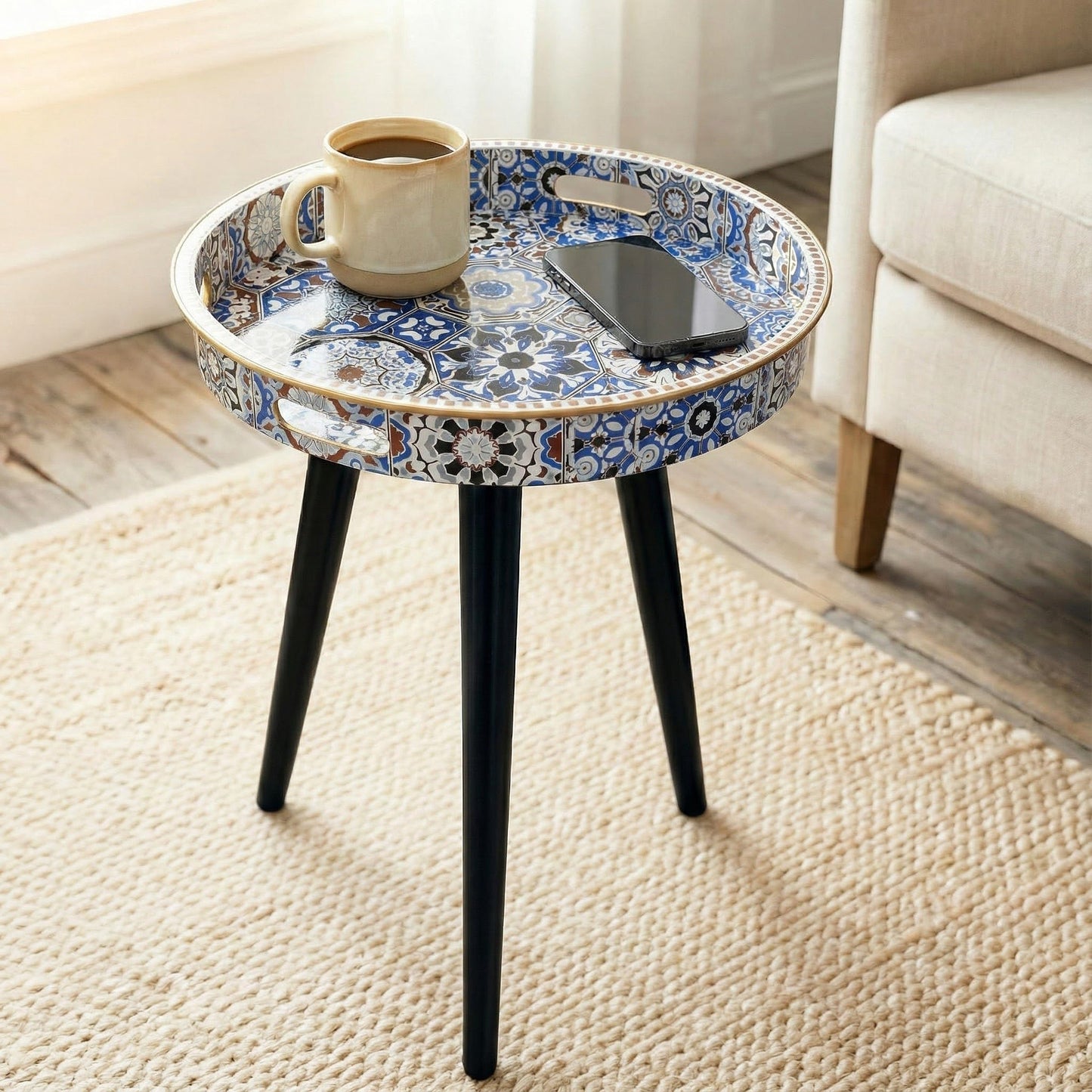 Zosenley Round Indoor Side Tables with Detachable Wooden 3 Legs, Versatile Tray Table, Perfect for Round Coffee Table Tea, and Relaxation Time 17.7 Inch (33 Bohemian)