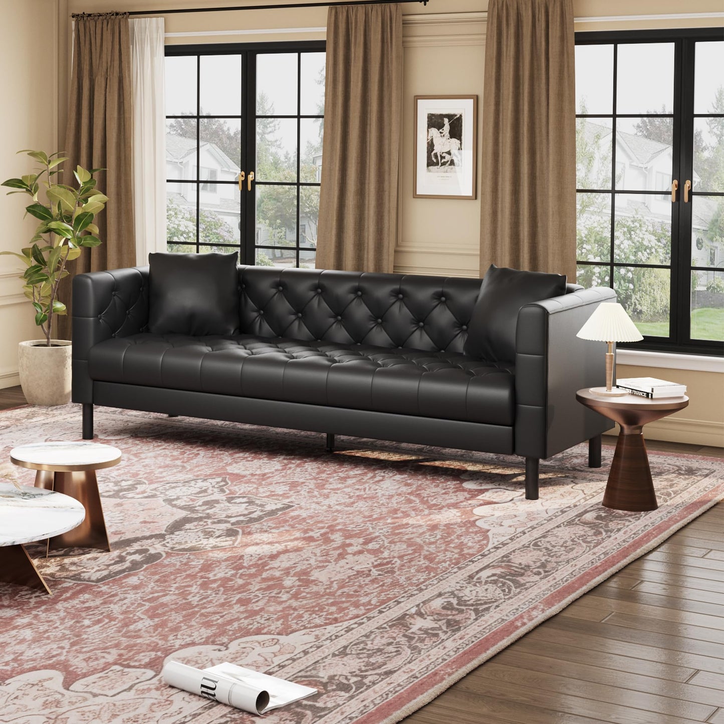 IDEALHOUSE Mid Century Modern Sofa 81 Inch – 3 Seater Faux Leather Couch with Button Tufted Back, Deep Seat Design, Upholstered Sofa for Living Room, Apartment or Office, Black