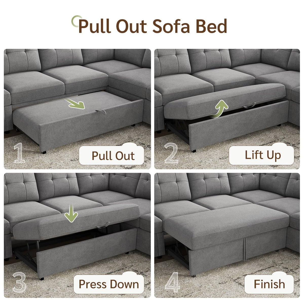 HONBAY Sectional Sleeper Sofa with Pull Out Bed, Convertible 7 Seaters U Shaped Sectional Couch for Living Room, Grey