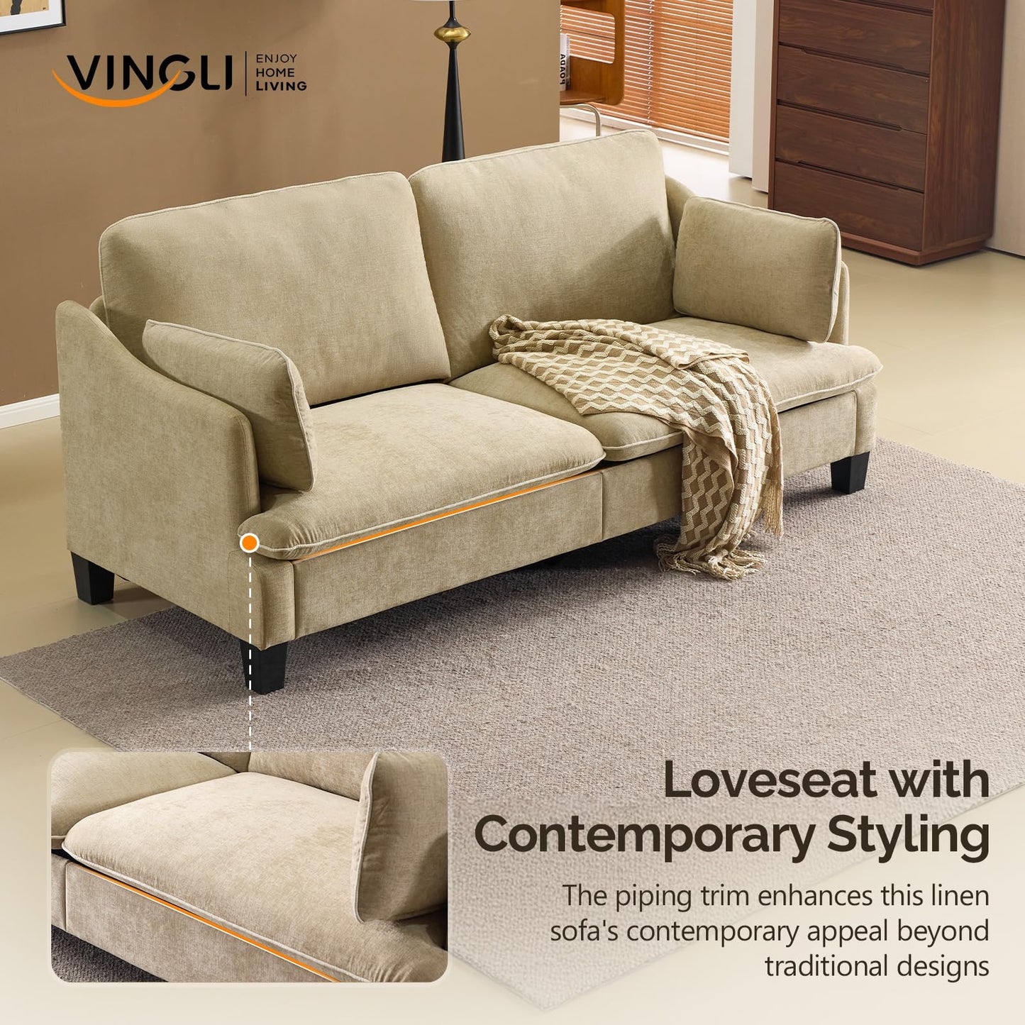 VINGLI 84" Extra Deep Seat Sofa Couch, 3 Seater Upholstered Living Room Couches with 2 Piped Seater Cushions, Throw Pillows, Modern Linen Velvet Fabric Sofa for Apartment Bedroom Office