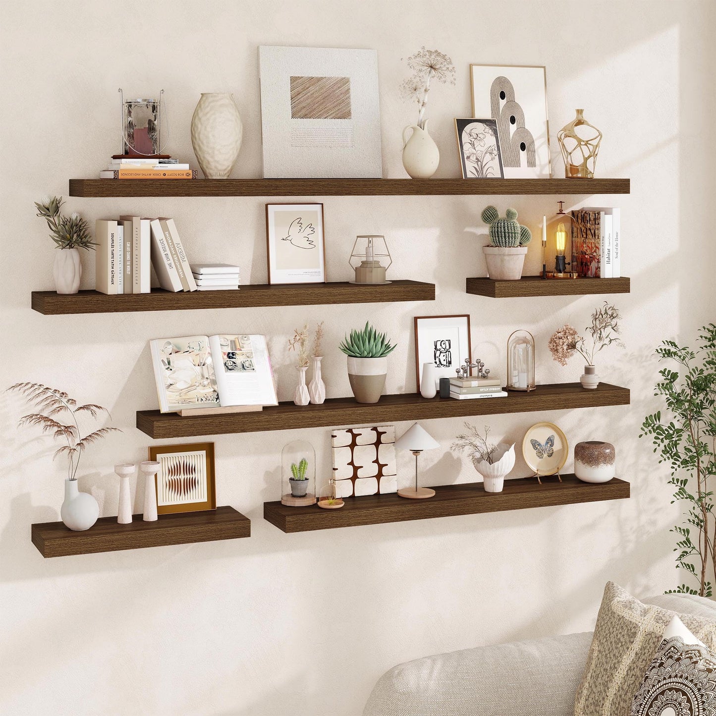 Fun Memories Floating Shelves for Wall, 20 Inch Floating Shelves Set of 2, Hanging Shelf with Invisible Brackets, Wood Shelves for Living Room, Bedroom, Kitchen, Walnut