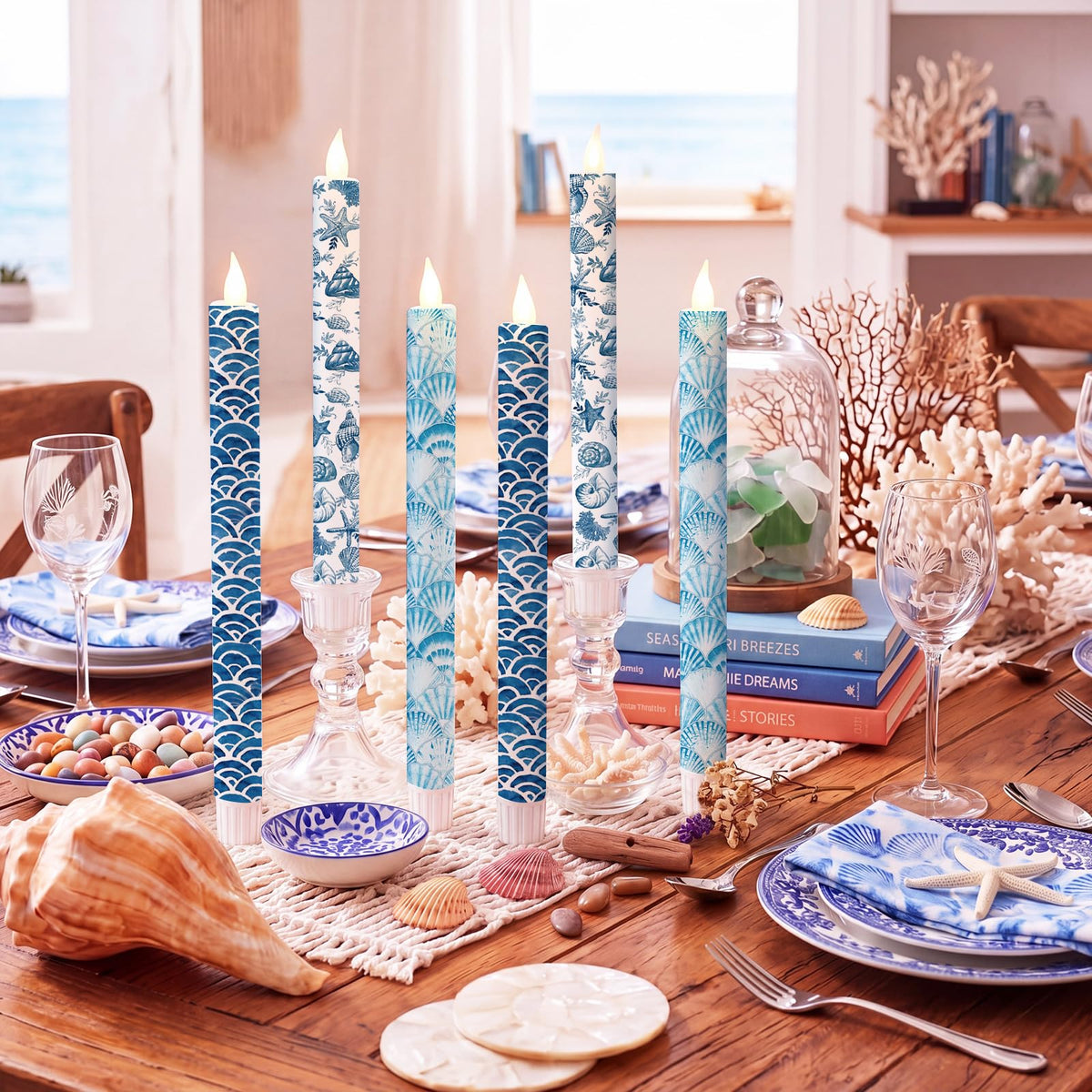 Lyrow 6 Pcs Summer Ocean Flameless Taper Candles with Beach Starfish Seashell 11 Inch LED Candles Flickering Battery Operated Candlesticks for Birthday Seaside Shower Party Summer Table Decor