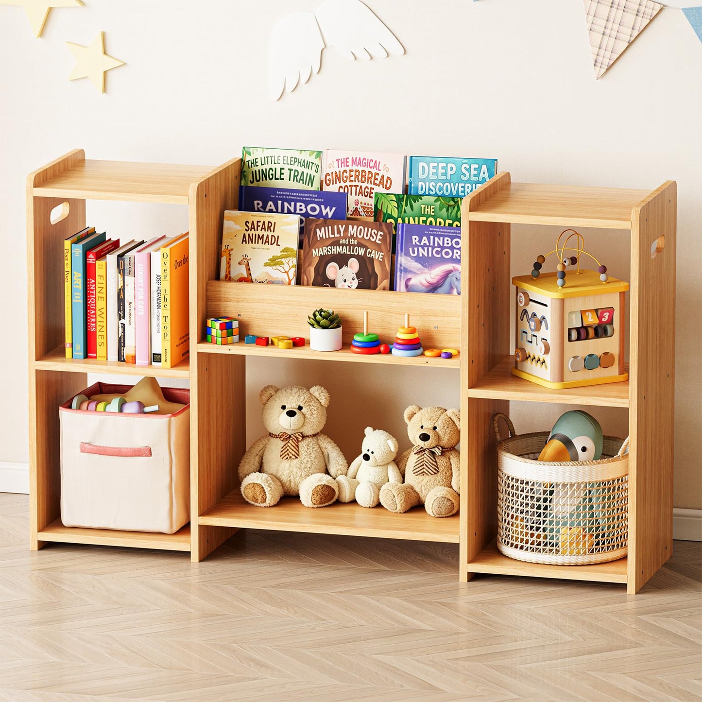 SpaceAid 6-in-1 Bookshelf Storage Organizer, Montessori Bookcase for Toddlers, Wooden Book Rack Shelf Cabinet Furniture for Kids Rooms, Playroom, Nursery and Classroom, 45.6“ Wide, Natural