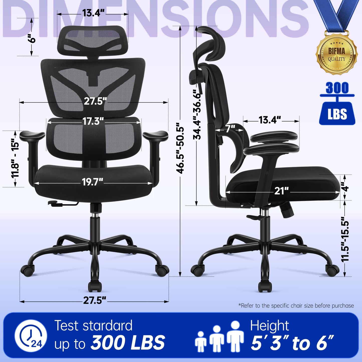 Hayelf Ergonomic Office Chair, High Back Mesh Computer Chair with Comfortable Adaptive Lumbar Support, Built-in Coat Hanger, SGS Class 4 Gas Lift, Heavy Duty 300lbs for Long Hours Home Office, Black