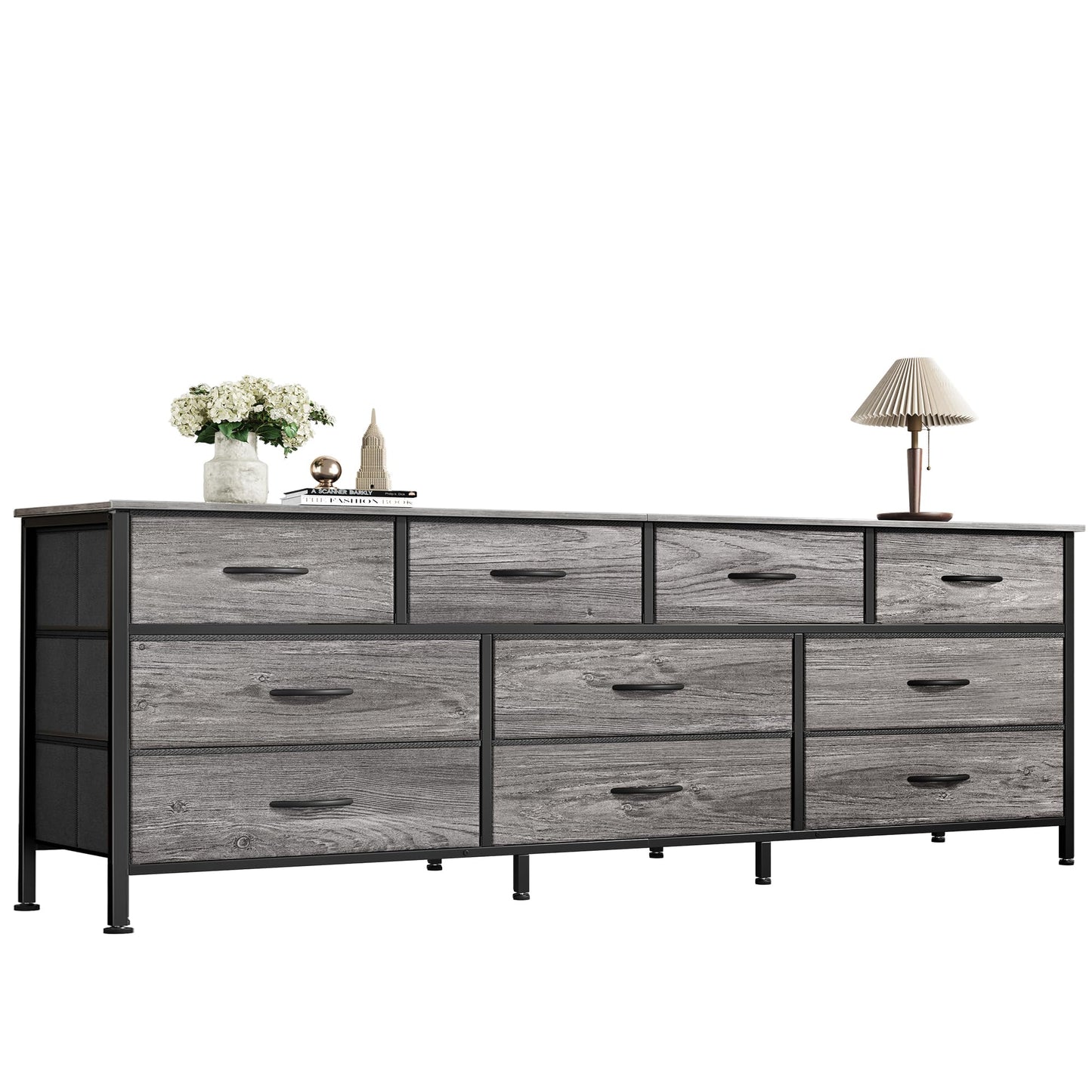 Huuger 63 Inch Dresser for Bedroom, Long Dresser with 10 Fabric Drawers, TV Stand for 55, 65, 70 Inch TV, Toy Storage Organizer for Closet, Grey