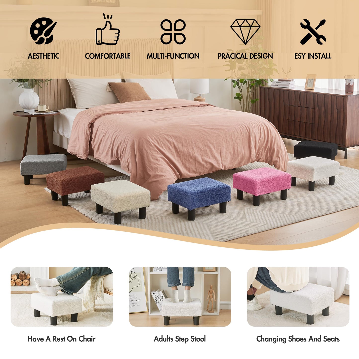 BRIAN & DANY Small Foot Stool Ottoman, Footstool with Legs, Teddy Velvet Foot Rest for Living Room, Bedroom and Office, White