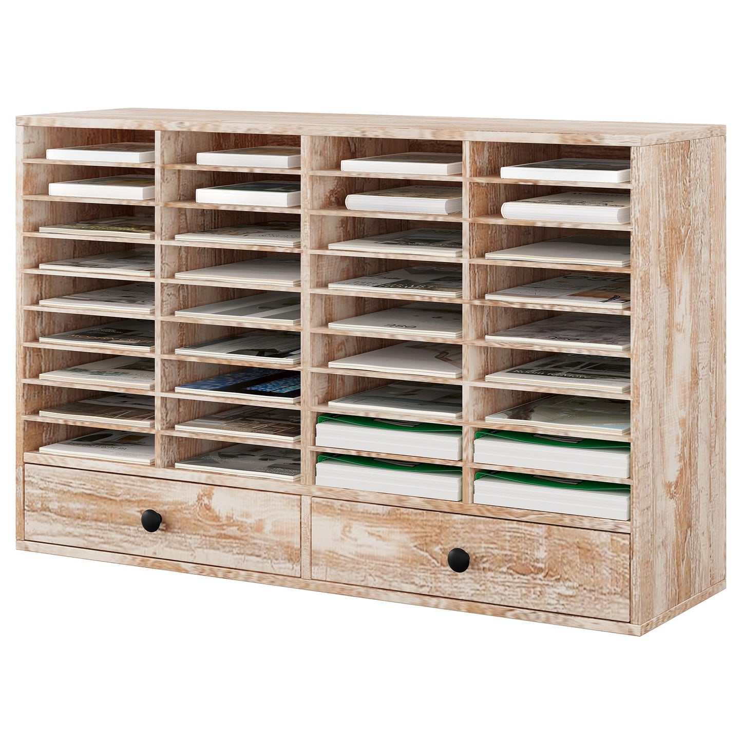 TQAVI Wood Classroom Mailbox 36 Compartments with 2 Drawer, Large Paper Organizer with Adjustable Shelves to Sorting Literature Bill, A4 Size File Organizer for Office School Home, Retro White