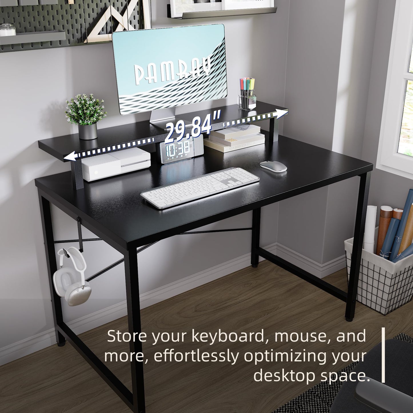 Pamray 32 Inch Small Computer Desk with Monitor Stand, Simple Office Desk with Headphone Hook for Small Spaces, Kids Study Writing Table for Bedroom, Marble
