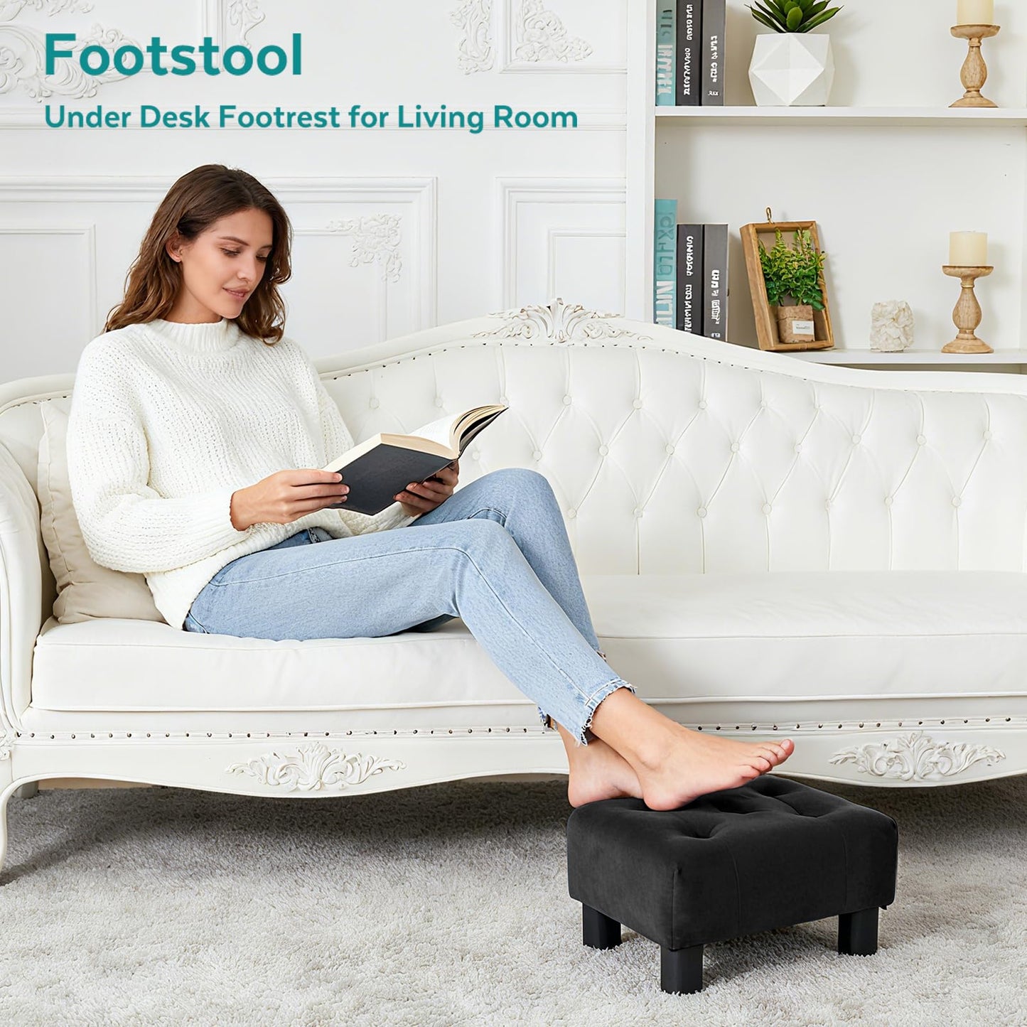 FIMIVIBI Small Foot Stool Ottoman, Velvet Footstool Ottoman Foot Rest for Couch, Rectangle Footstools and Ottomans Small for Living Room, Entryway and Bedroom (Black)