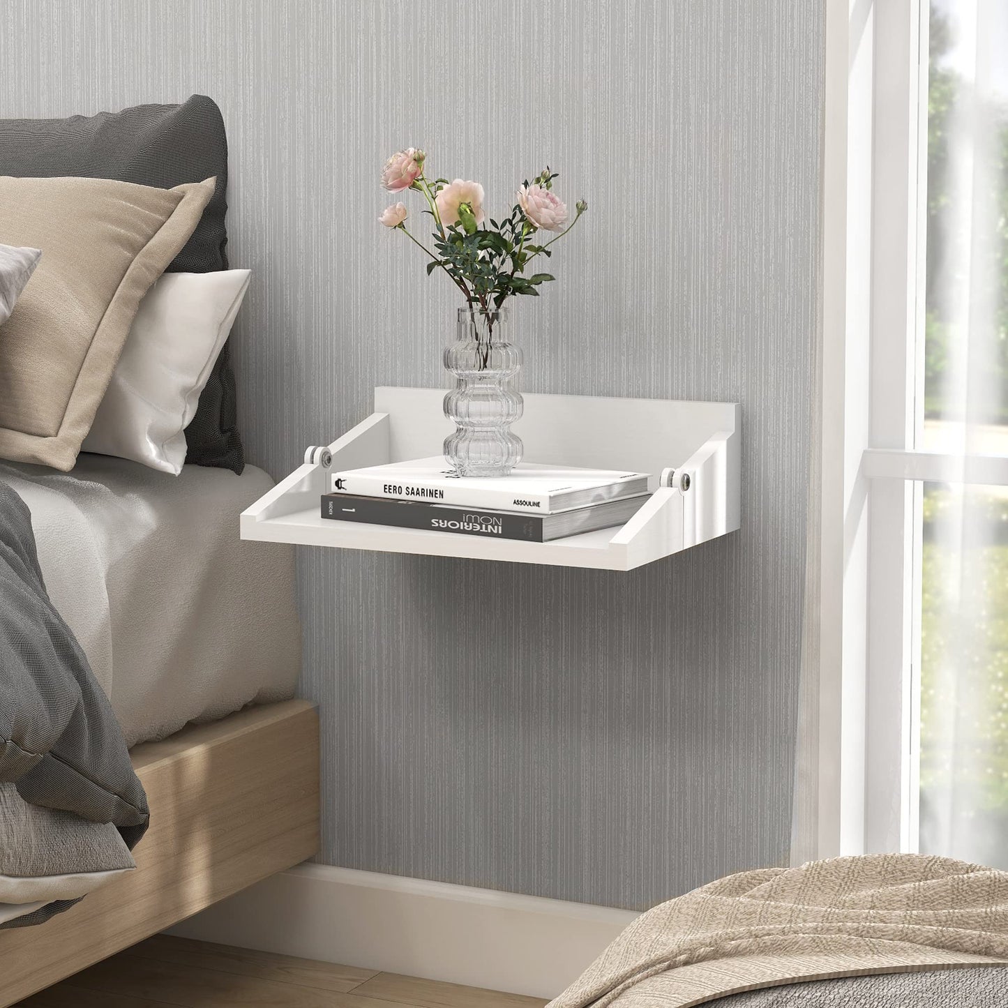 SUMGAR Floating Nightstand White Modern Bedside Table Organiser Fully Assembled Shelf Small Spaces Wall Mounted Storage Wood Furniture for Bedroom Home Decor 13 Inch Wide