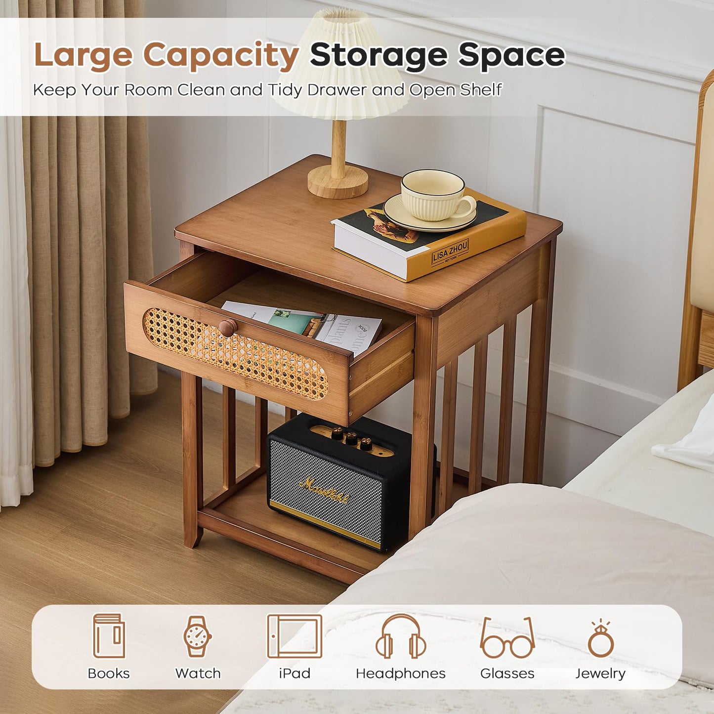 oakvivo Night Stands Set of 2, Rattan Nightstands Bedside Table, 19.7" Wide Bamboo End Bed Tables with Drawer & Open Storage Shelf, Farmhouse Side Tables for Bedroom, Sofa, Small Space, Walnut