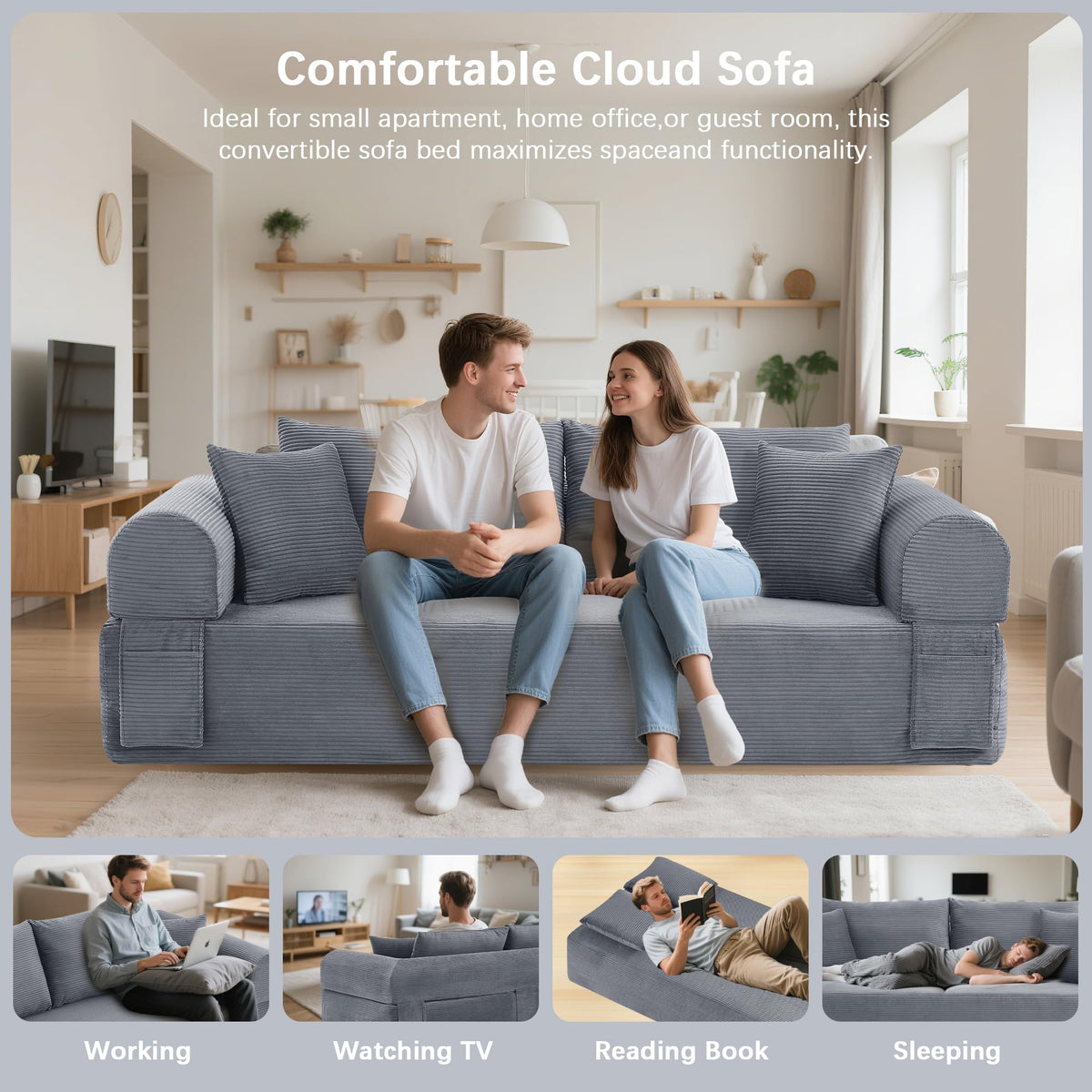 83" Modern Sofa in a Box, No Assembly Oversized 3 Seater 28" Deep Seat Cloud Sofa Bed Couch with 4 Furry Pillows & Corduroy Fabric, Boneless Couch with Side Storage Pockets for Living Room, Dark Grey