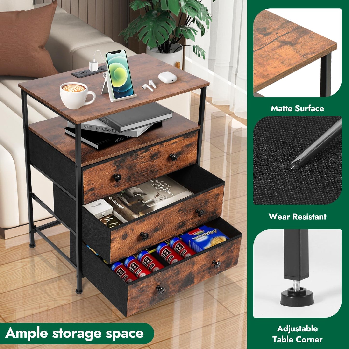 PATAVOT 3 Drawers Dresser with Charging Station, 24 Inch Wide LED Night Stand Set 2 with Adjustable Fabric Drawer, Nightstand with Storage Shelf for Living Room/Bedroom/Office, Rustic Brown.
