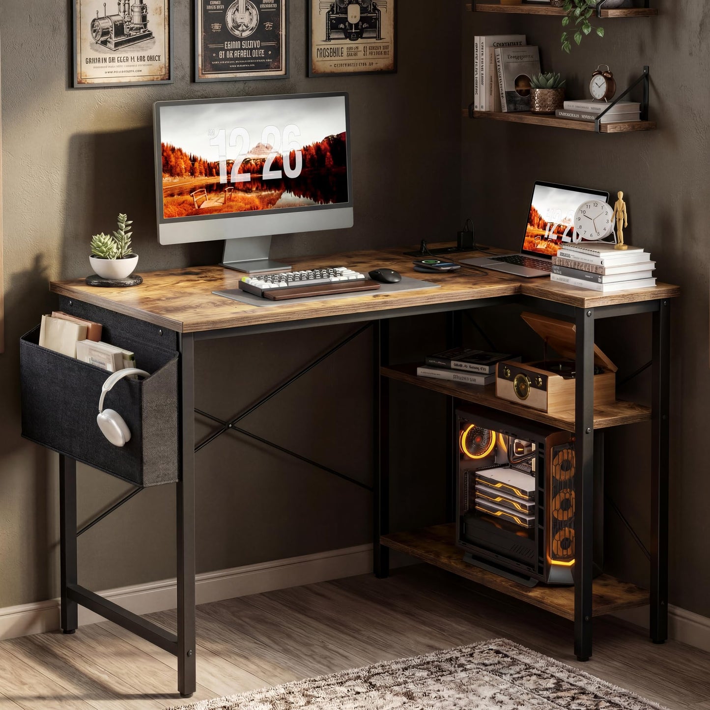 TIQLAB L Shaped Computer Desk with Power Outlets, 47 Inch Small Corner Desk with Reversible Shelves, Gaming Desk Computer Table Study Writing Desk for Home Office Small Space, Rustic Brown