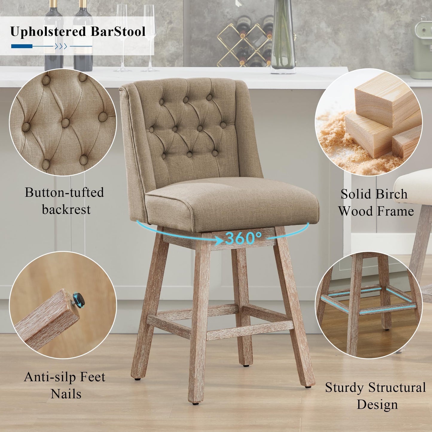 UDAX 26" Swivel Bar Stools Set of 4, Counter Height Barstools with Back, Linen Fabric Upholstered Bar Stools, Modern Barstools Wood Legs for Kitchen Island Dining Room Bar (Brown, 4PCS-26in)