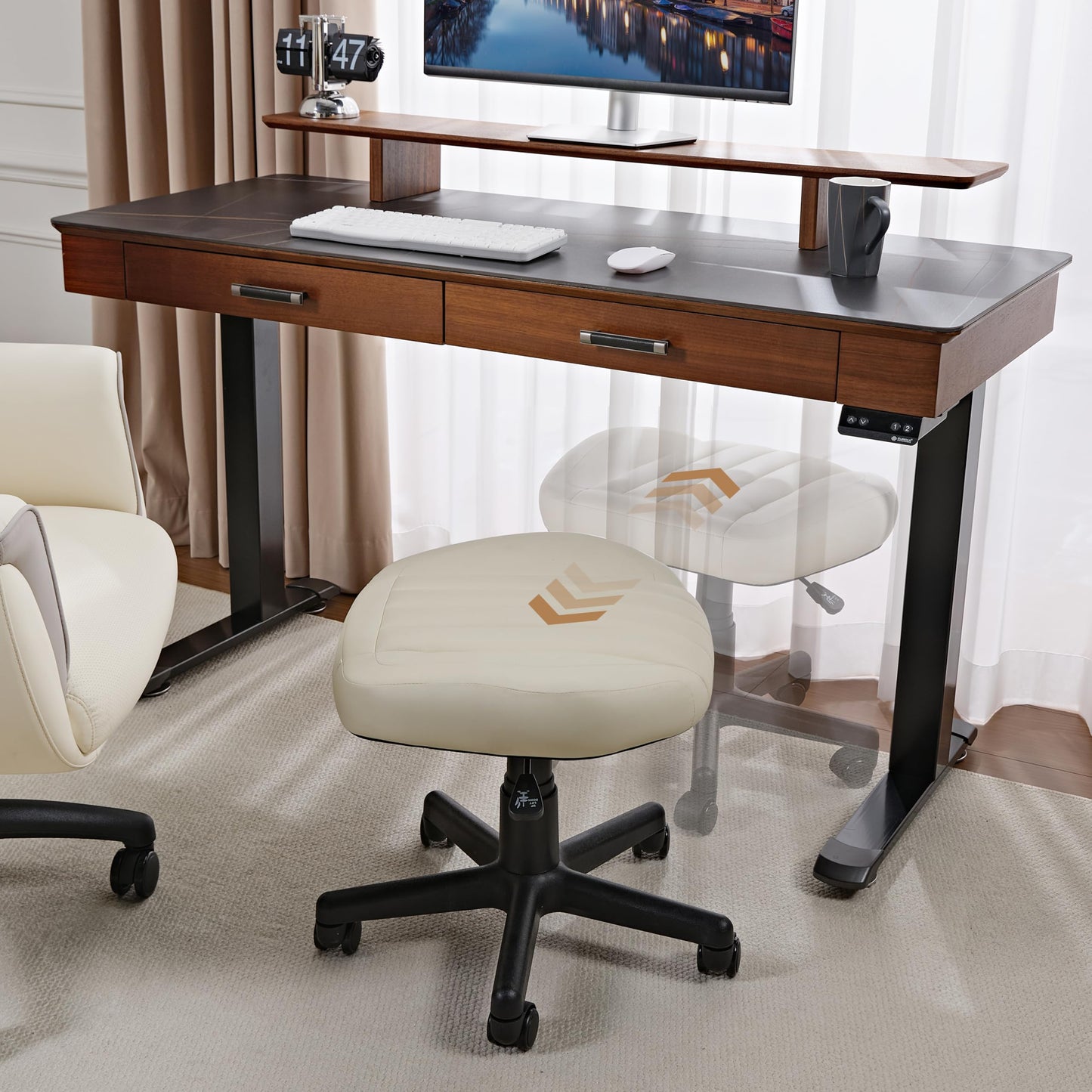 EUREKA ERGONOMIC Multi-Use Foot Stool, Height Adjustable Footrest Stool with Wheels, 360°Swivel Leg Rest Rolling Chair, Rest Ottoman Under Desk for Home Office,Beige