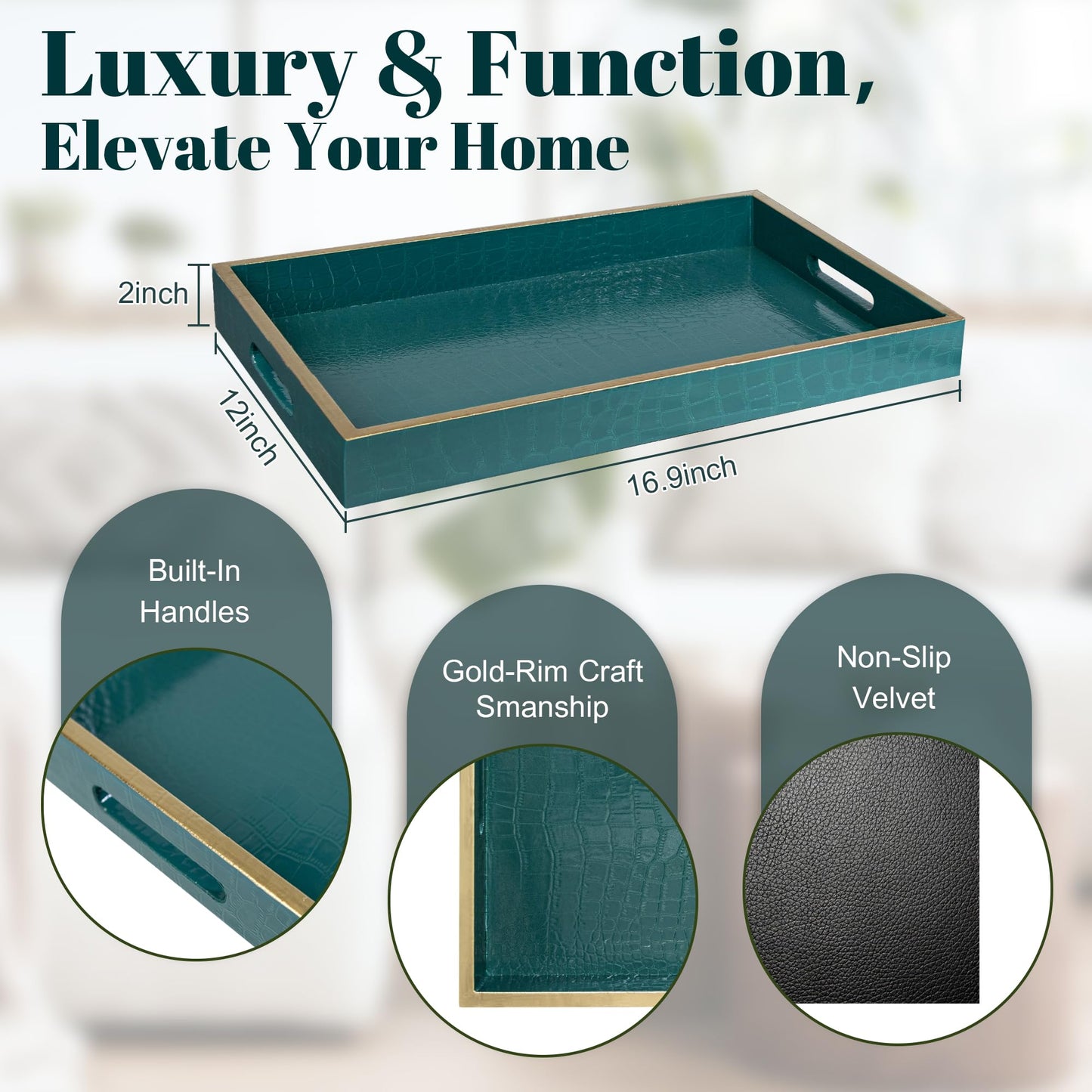 MAONAME Faux Leather Tray, Rectangular Serving Tray with Handles, Green Decorative Trays for Coffee Table, Shagreen Ottoman Trays for Living Room, Office, 17" x 12"