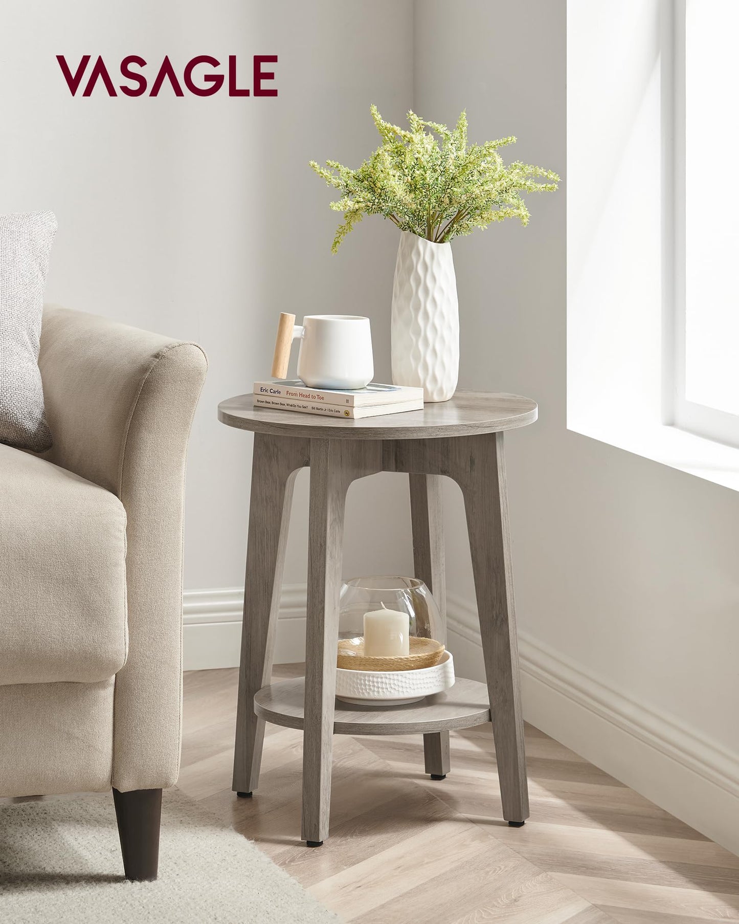 VASAGLE MAEZO Collection - Side Table, 2-Tier Small Round End Table, Nightstand with Tapered Legs, Curved Transitions, for Small Spaces, Living Room, Bedroom, Heather Greige ULET283T02
