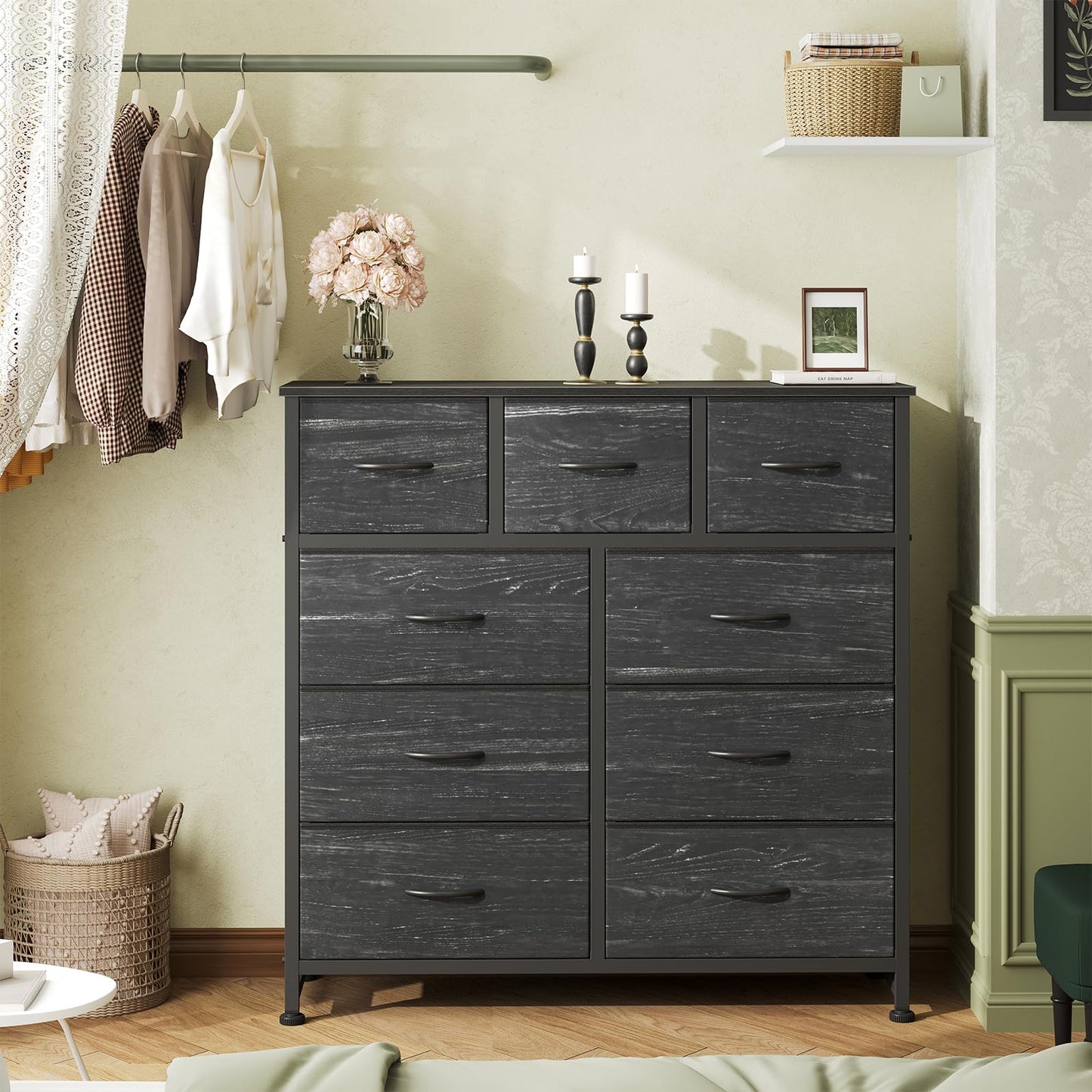 OLIXIS 9 Drawer Storage Dresser with Wood Top - Wide Fabric Chest Organizer for Bedroom, Closet, Living Room,Tower Cabinet, TV Stand, Hallway Entryway Furniture,Black Wood Grain
