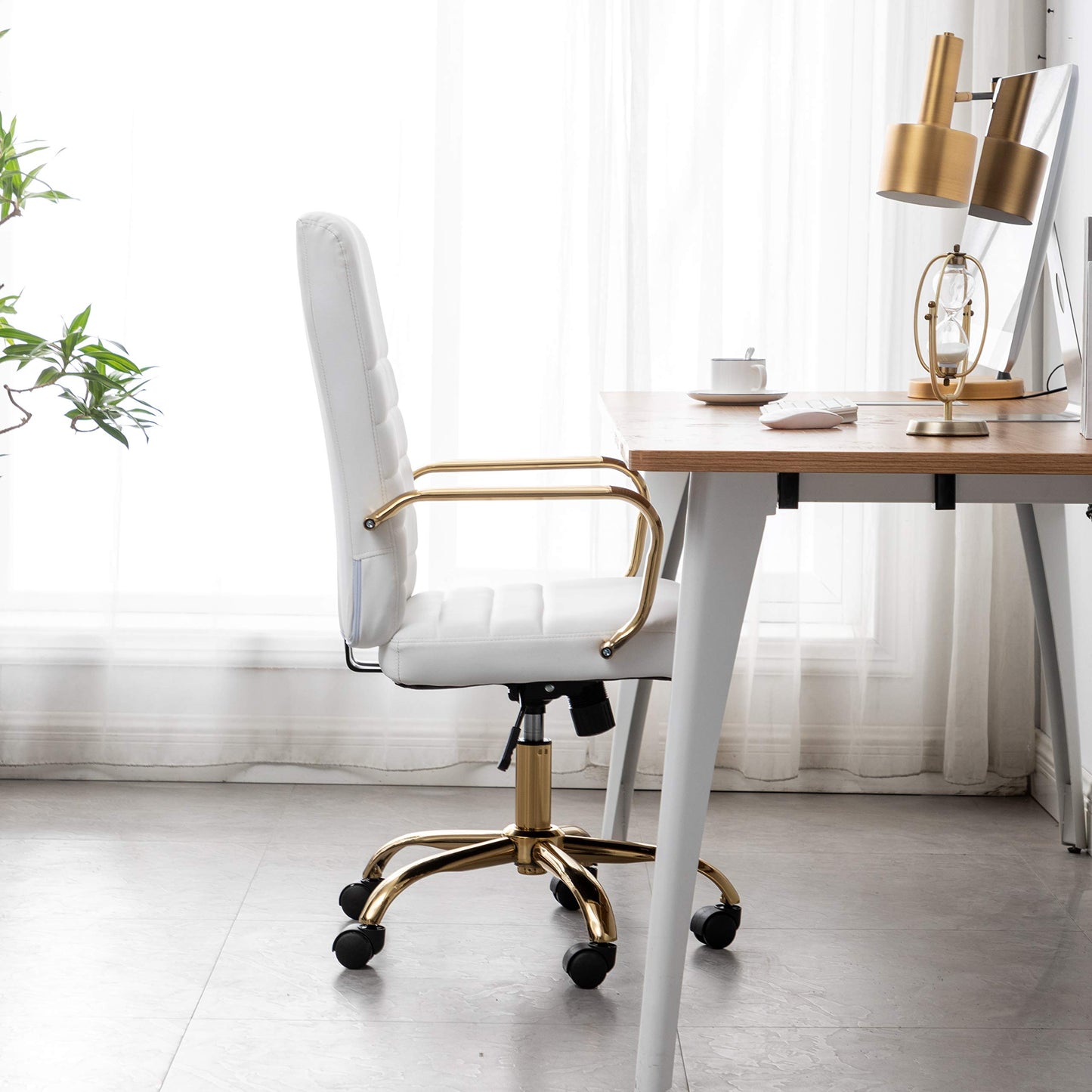 BTEXPERT White Ergonomic Faux Leather Adjustable Home Office Arm Chair Golden Finish (5162)