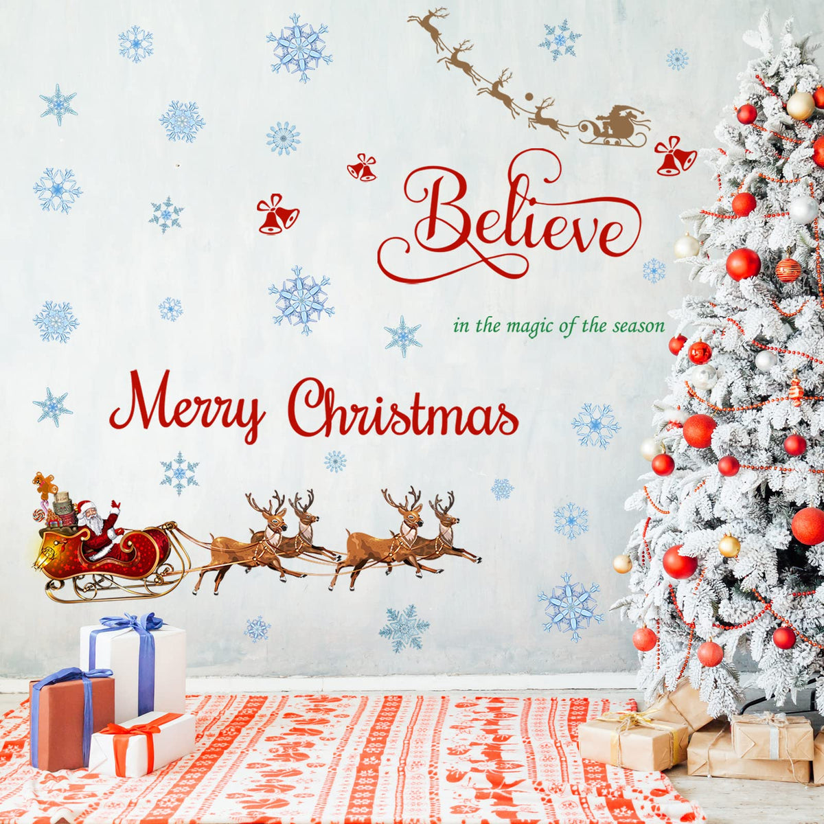 Spiareal Christmas Window Wall Decals Santa Sleigh and Reindeer Xmas Wall Stickers Merry Christmas Quote Stickers Santa Claus Snowflake Window Decal for Home Shop Xmas Party Decorations