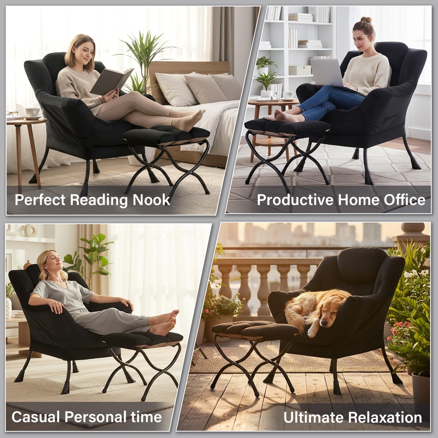 Givjoy Lazy Chair and Ottoman, Black Velvet Large Accent Chair with a Side Pocket, Modern Leisure Upholstered Sofa Reading Armchair with Footrest for Office, Bedroom, Living Room, Dorm Rooms, Balcony