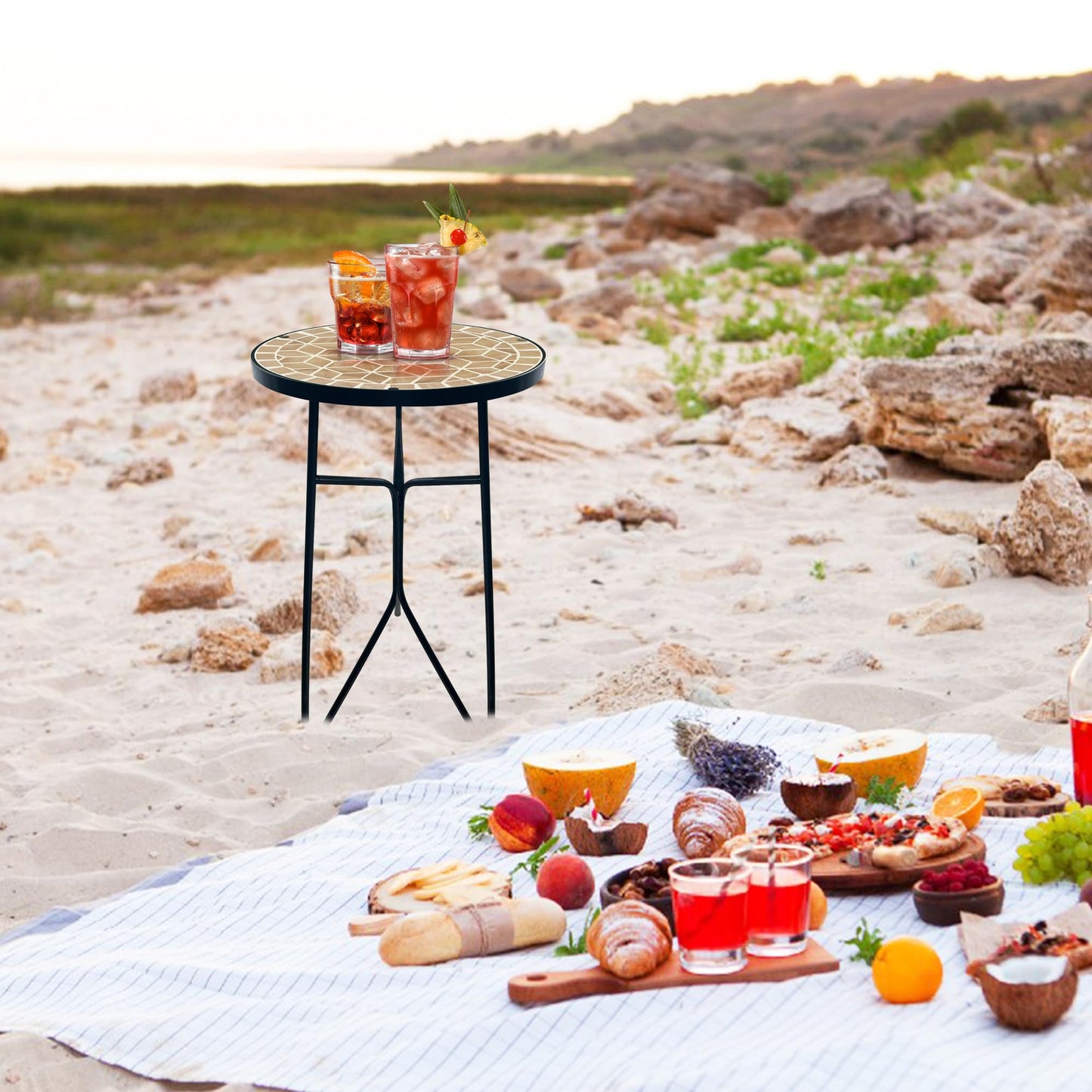 QZXYGY Mosaic Khaki Round Sode Tea Table,Valentine's Day Unique Furniture, Small End Outdoor Side Accent Bedside Dining Room Table, Indoor Balcony Outdoor Furniture, Balcony Valentine's Day Decor