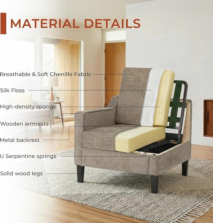 TLSUNNY Mid-Century Accent Chair, Modern Upholstered Chenille Armchair & Padded