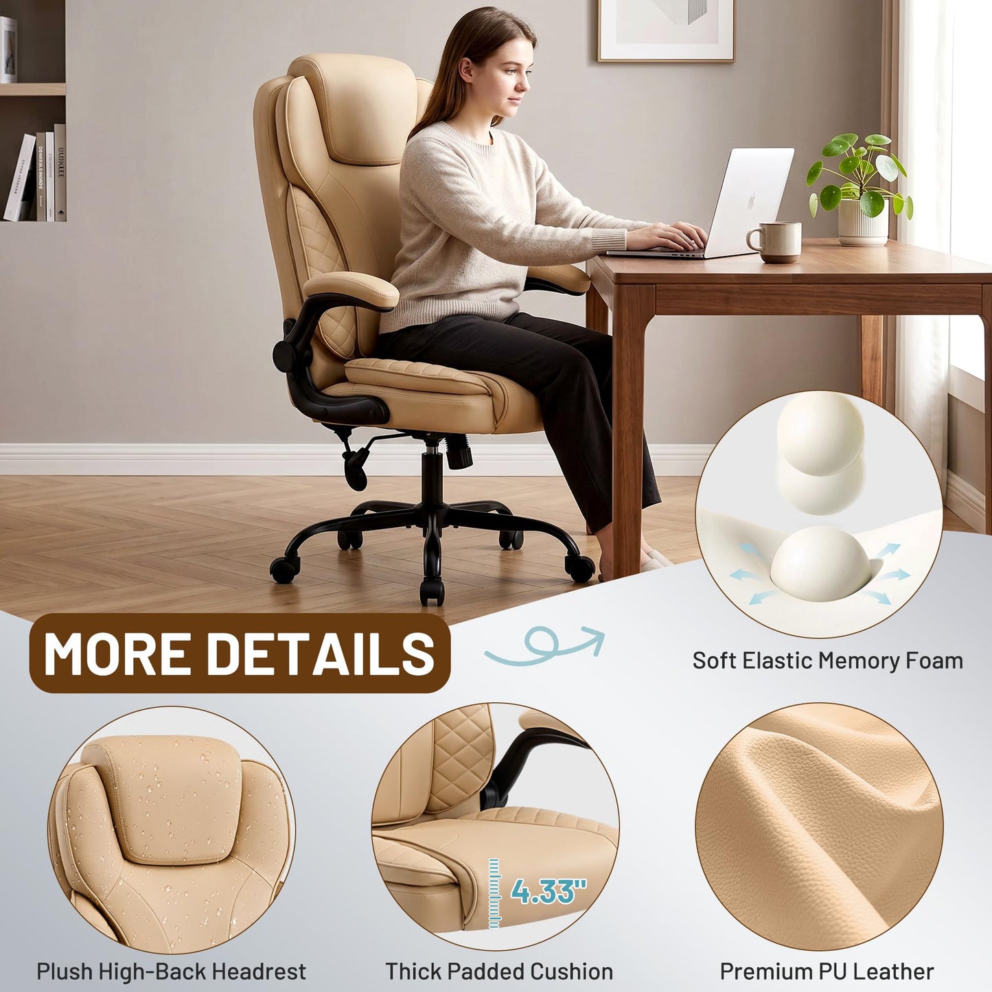 Hayelf Ergonomic Office Chair, PU Leather High Back Executive Chair with Adjustable Inflatable Lumbar Support and Padded Flip-Up Arms, Recline Swivel Task Computer Chair for Home Office, Khaki