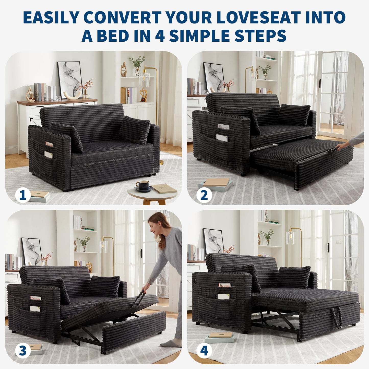 Garvee Futon Sofa Bed, 55'' Loveseat Corduroy Convertible Sleeper Sofa with Pull Out Couch and Adjustable Backrest, 2 Charging Stations, Side Pockets for Living Room, Apartment, Office, Dark Grey