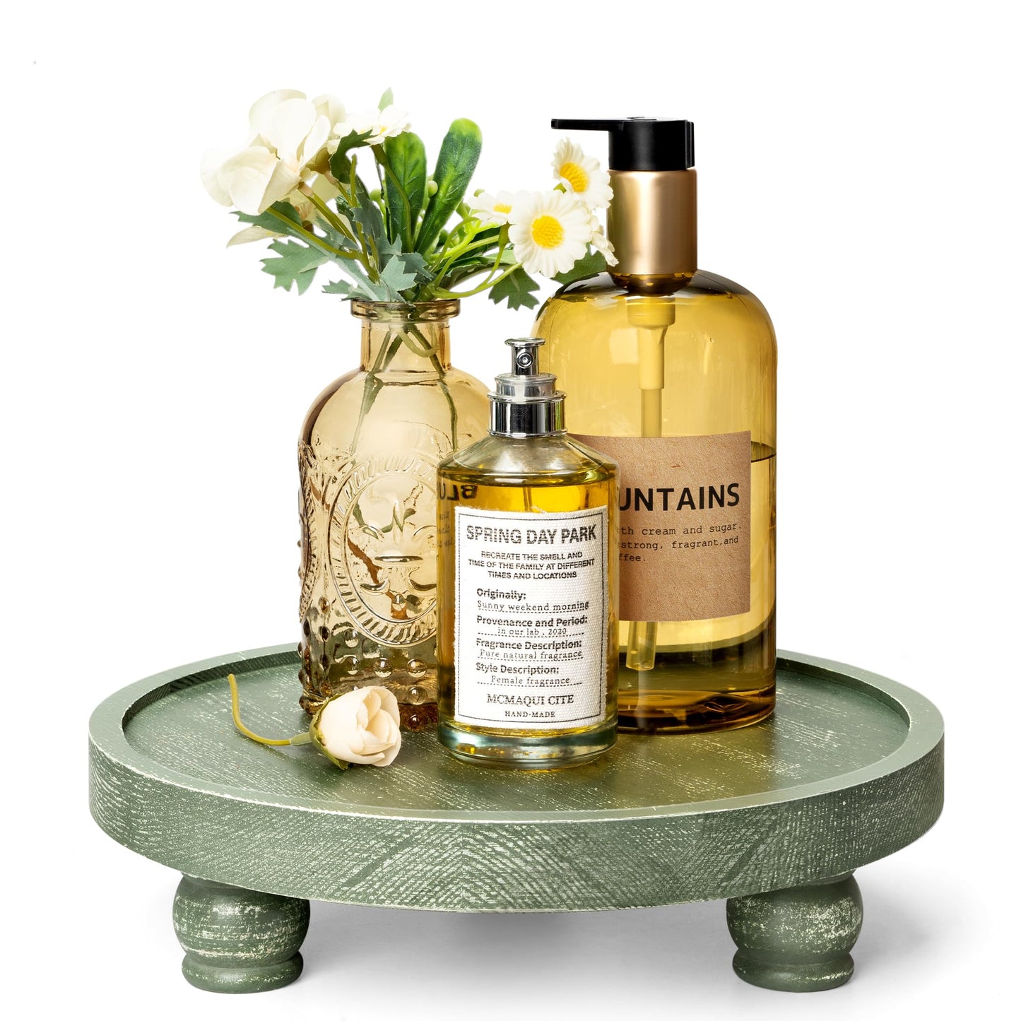EOSAHR Farmhouse Pine Wood Riser for Home Decor – Round Pedestal Stand for Coffee Table & Kitchen Sink – Stylish Display Stand for Dish Soap Dispenser, Candles, Plants and Cupcakes (Green)