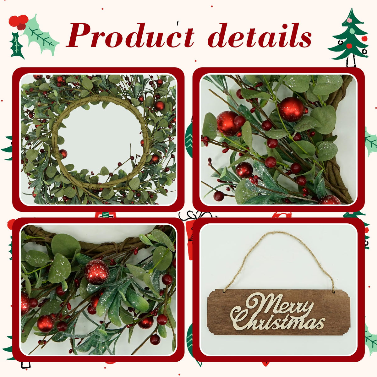 YNYLCHMX 20 Inch Christmas Wreath for Front Door, Winter Wreath with Welcome Sign Eucalyptus leaves Red Berry, Artificial Door Xmas Wreaths for Window Wall Fireplace Farmhouse Holiday Party Decoration